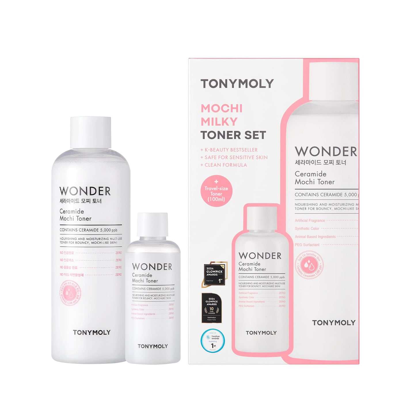 TONYMOLY Mochi Milky Toner Set – Hydrating Korean Toner with Ceramide, Cica, Panthenol & Hyaluronic Acid – Strengthens Skin Barrier, Soothes & Moisturizes – 500ml + 100ml Travel Size Duo
