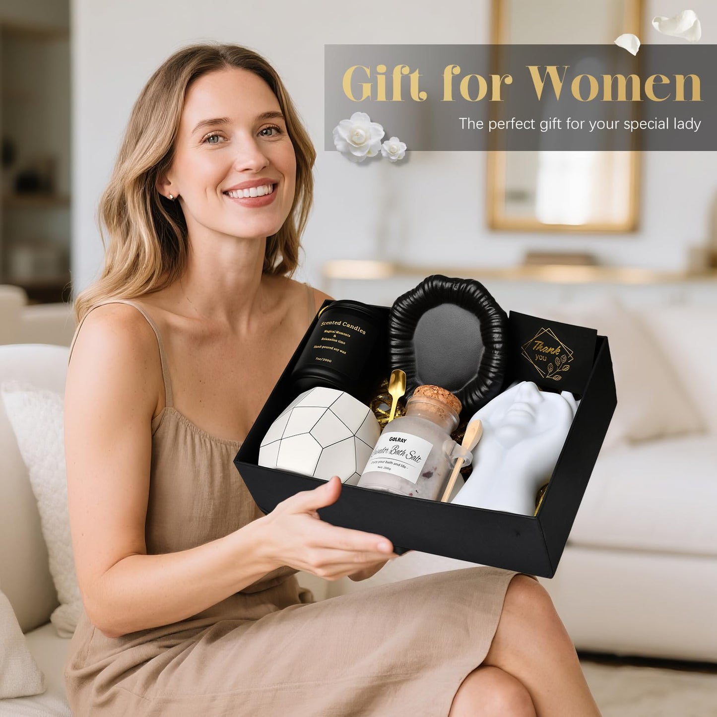 Golray Birthday Gifts for Women Self Care Spa Basket with Mug/Makeup Brush Holder/Jewelry Tray, Christmas Valentines Mother's Day Gift for Her Wife Sister Mom Friend Girlfriend Coworker Teacher Nurse