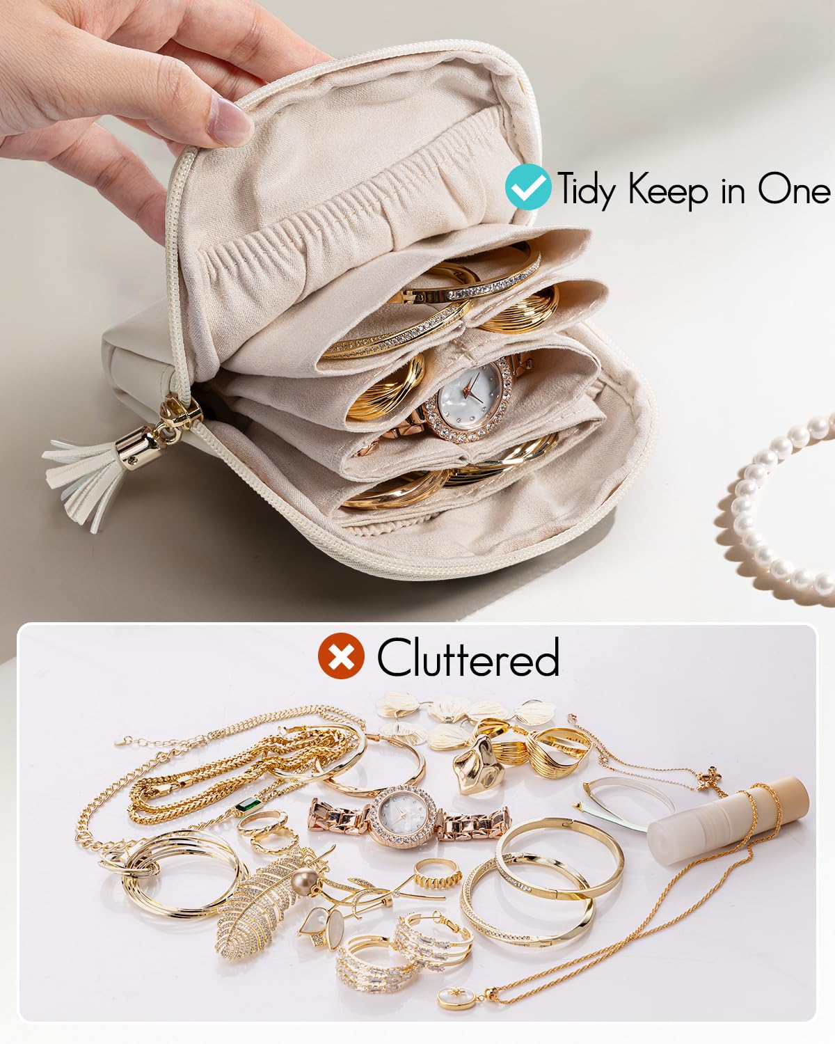 Vlando Small Travel Jewelry Case,Travel Gifts for Women,Jewelry Pouch Bags with Zipper,Velvet Jewelry Organizer Storage Bag for Bracelet Rings Earring-Cream White