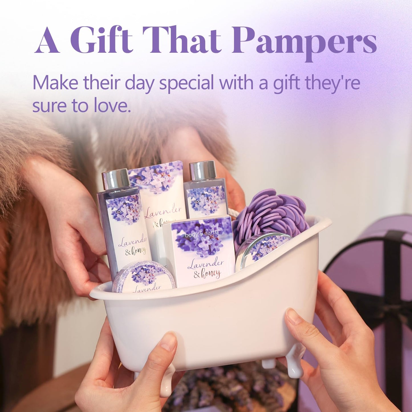 Bath and Body Gift Set - Lavender Gifts for Women, Body & Earth Bath & Shower Sets, 8 Pcs Lavender Honey Gift Sets with Bubble Bath, Lotion Set, Soap, Spa Kit for Women, Christmas Gifts for Mom
