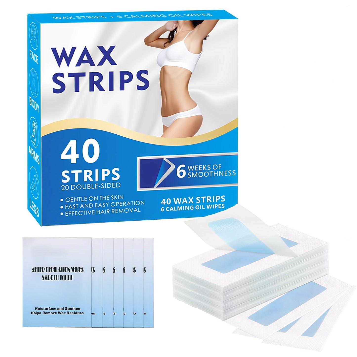 Wax Strips for Hair Removal,Waxing Strips,40 Face Wax Strips & 6 Calming Oil Wipes,Waxing Kit for Women,Facial Hair Removal for Women Face,Arms,Legs,Eyebrow,Upper Lip,Blue,40 Count (Pack of 1)