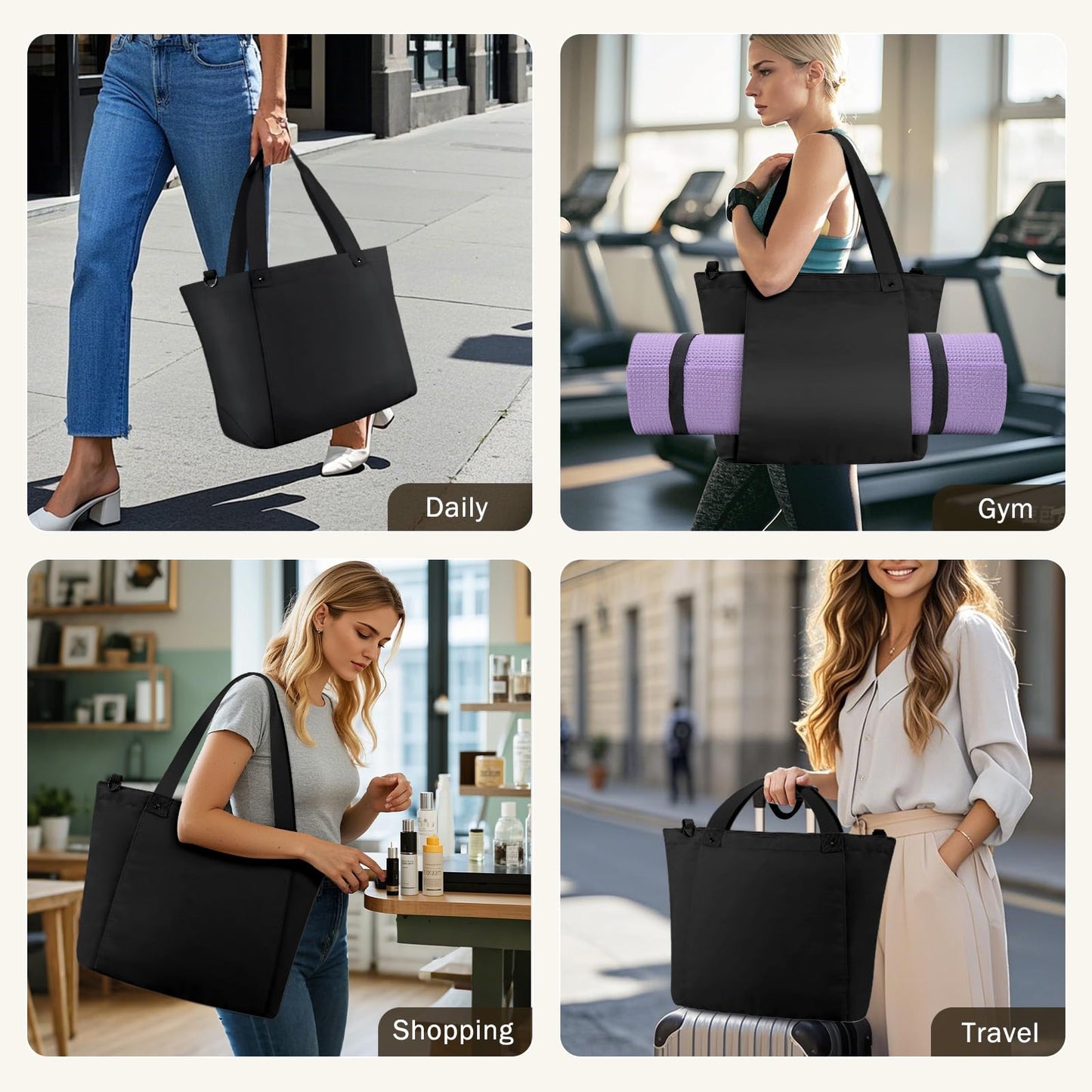 Vinabilia Tote Bag for Women, Lightweight Foldable Tote Bag With Zipper Shoulder Bag Large Top Handle Handbag for Travel, Work, Gym, Black