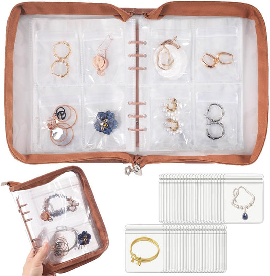 Jewelry Organizer Case Travel Jewelry Storage Bag Clear Jewelry Rolls (Light Brown,With 80 PCS Earring Pouches)