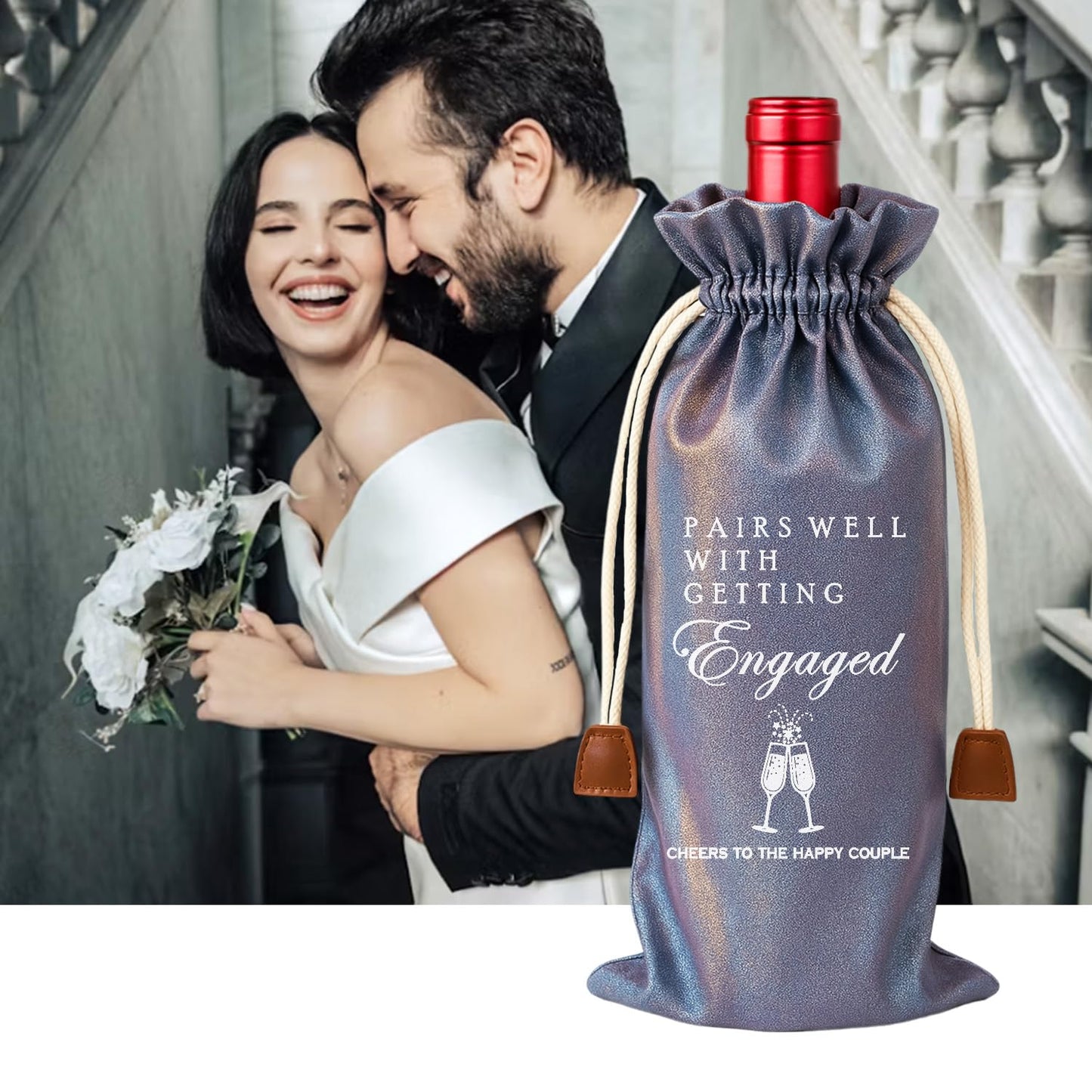 Raisingwell Wedding Wine Bag Engagement Gifts for New Couples, Mr and Mrs Marriage Wedding Gifts, Honeymoon Gifts, Wine Champagne Gift Bag With Drawstring, Getting Engaged (NM-Engagement Purple, Normal)