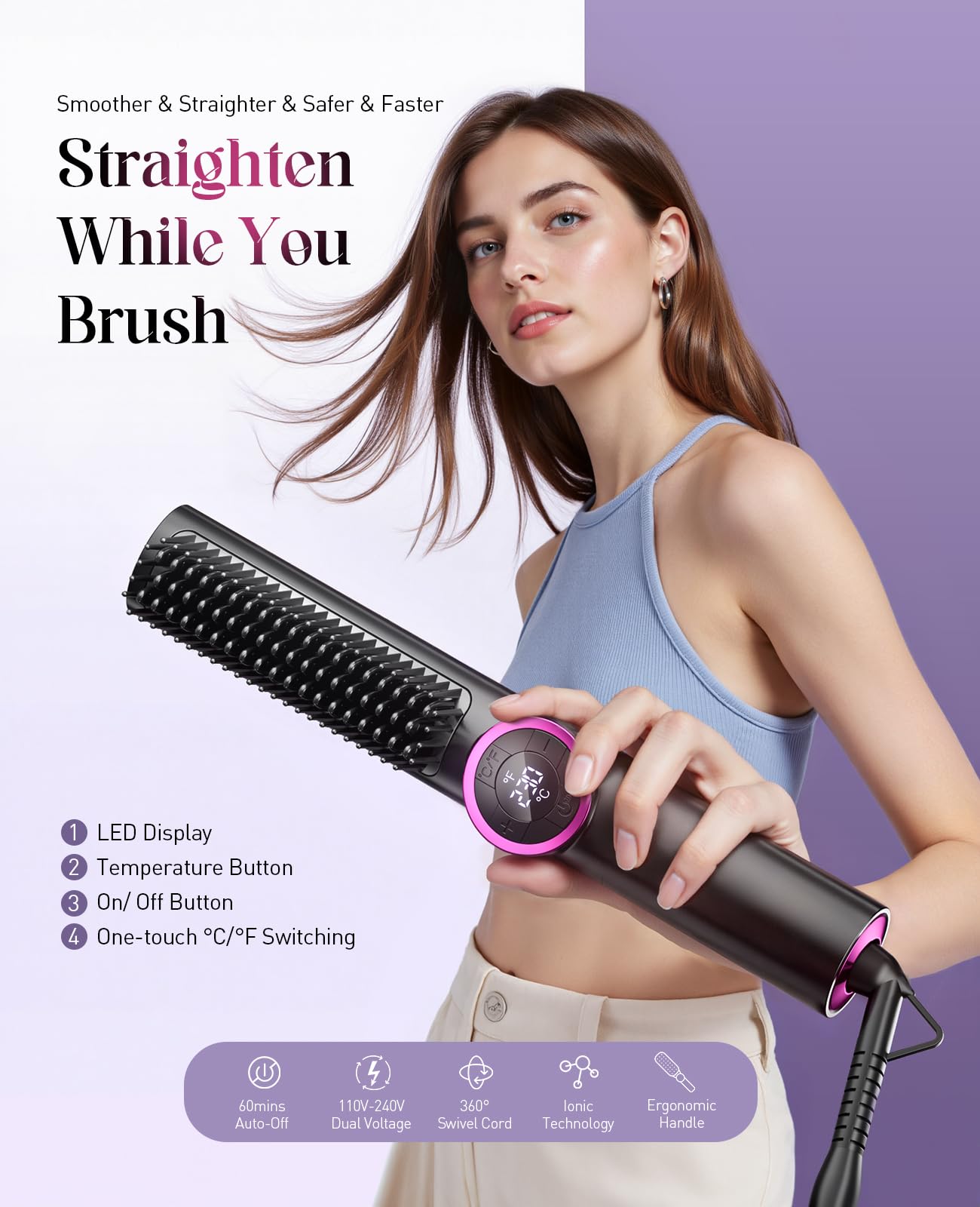 JolinKoin Hair Straightener Brush for Women: Negative Ionic 3-in-1 Curling & Straightening Brush, Ceramic Hot Comb with 16 Temps for Hair Styling