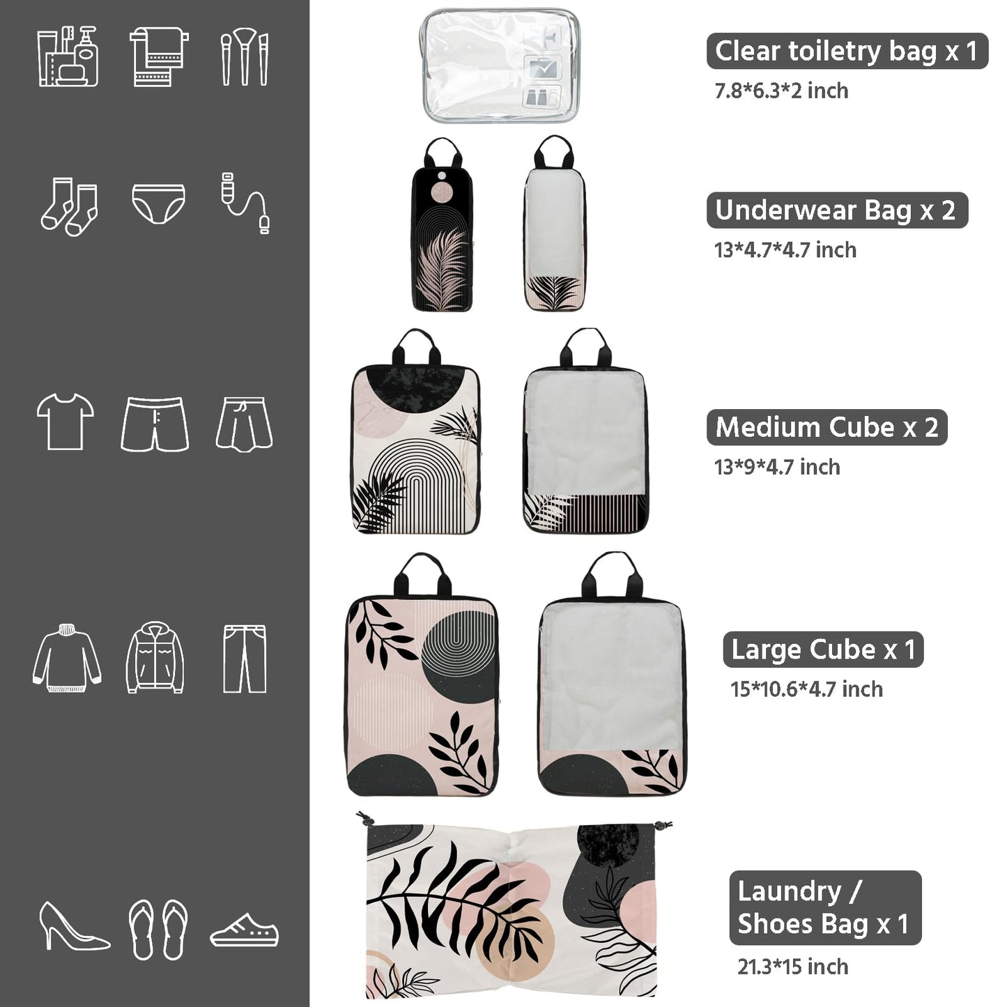 7 Pcs Compression Packing Cubes for Travel, Waterproof Suitcase Luggage Backpack Organizer with Toiletry Bag Travel Essentials for Women/Men-Black Bohemia