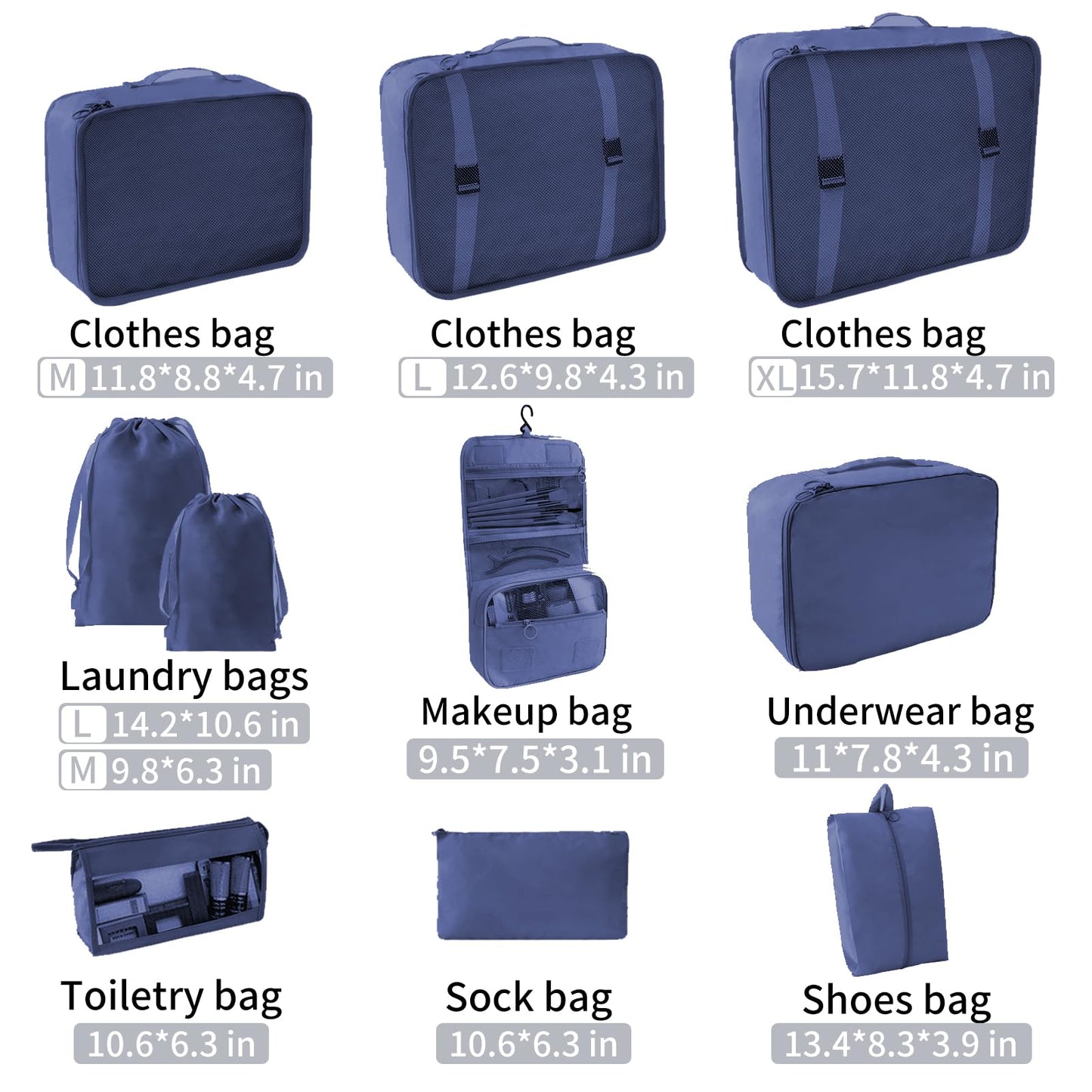 SLMT 10 Set Packing Cubes for Suitcases, Luggage Organizer Bags for Carry On, Travel Bags Organizer for Luggage, Must Have Travel Essentials for Women and Men (Navy Blue)