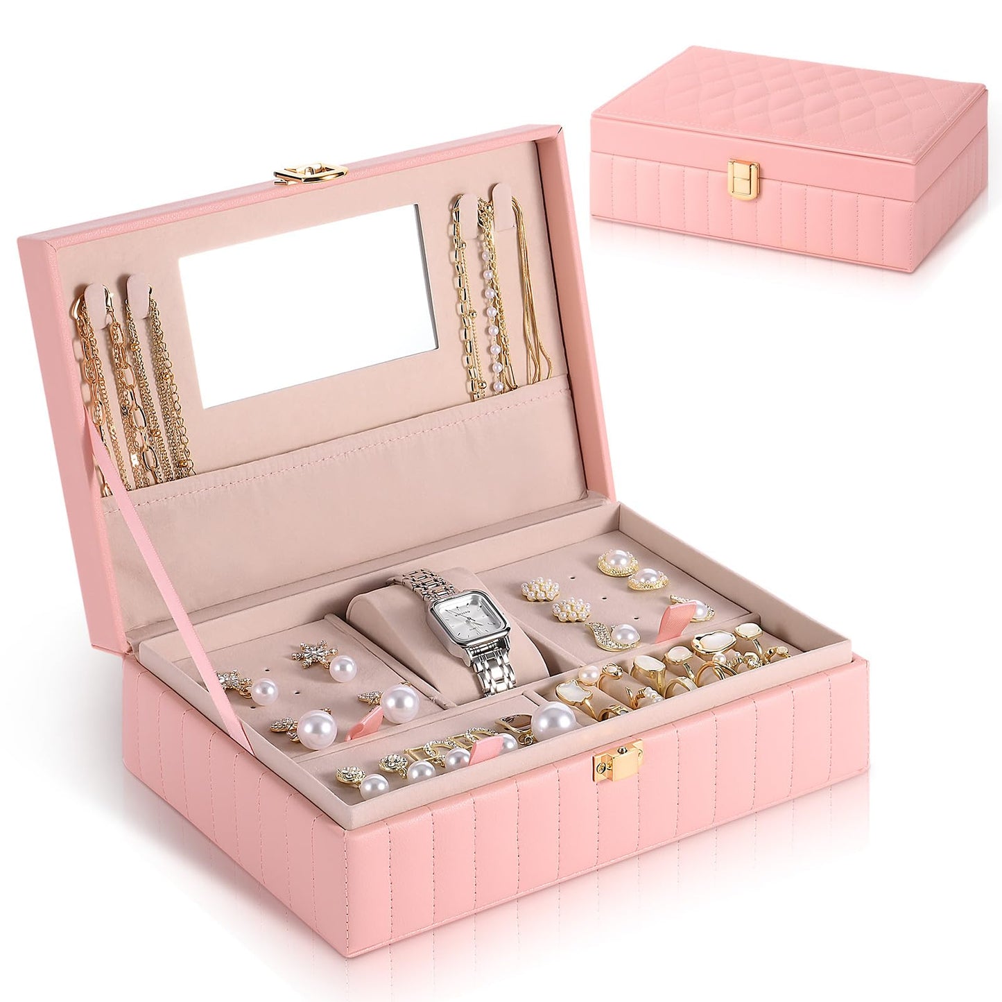 Emazerom PU Leather Travel Jewelry Case Twill Jewelry Organizer Box with Mirror 8.86 x 5.9 x 2.8 Inch Premium Portable Earrings Necklace Ring Storage Holder Display Gift (Pink)