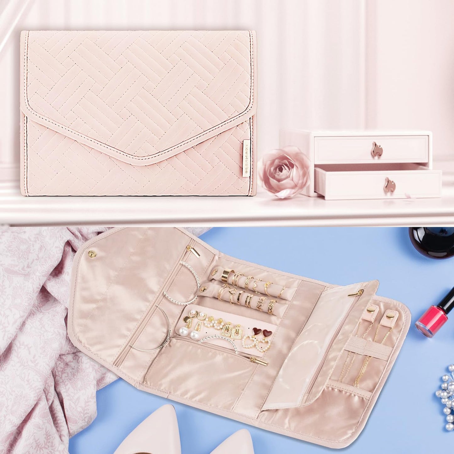 TxufrDo Travel Jewelry Case Organizer Roll Foldable Jewelry Case for Journey-Rings Necklaces Earrings Bracelets Brooches Portable Travel Essentials Pink