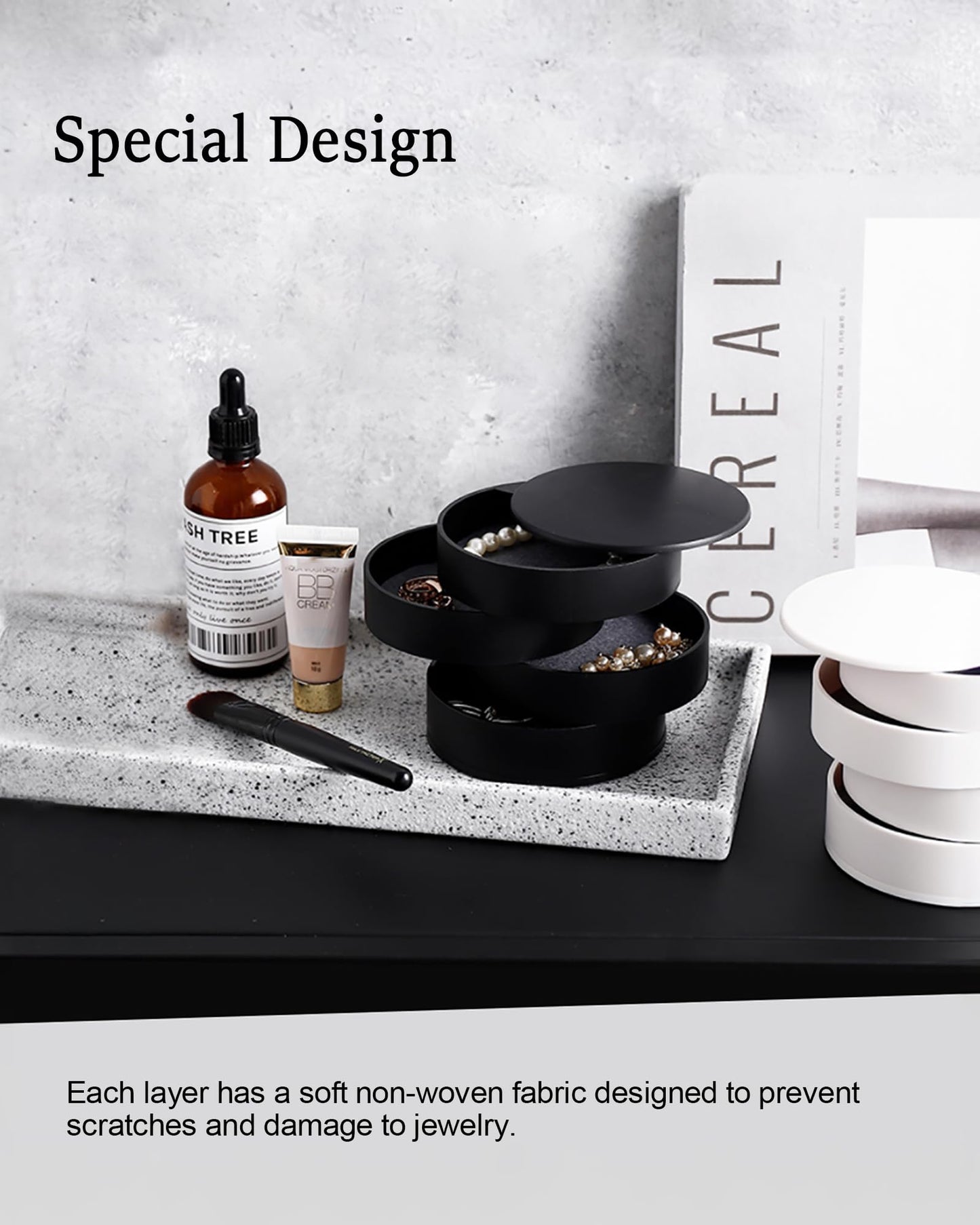 CONBOLA Jewelry Organizer, Small Jewelry Storage Box Earring Holder for Women, 5-Layer Rotating Travel Jewelry Tray Case with Lid for Bracelets Rings Bracelets(Black)