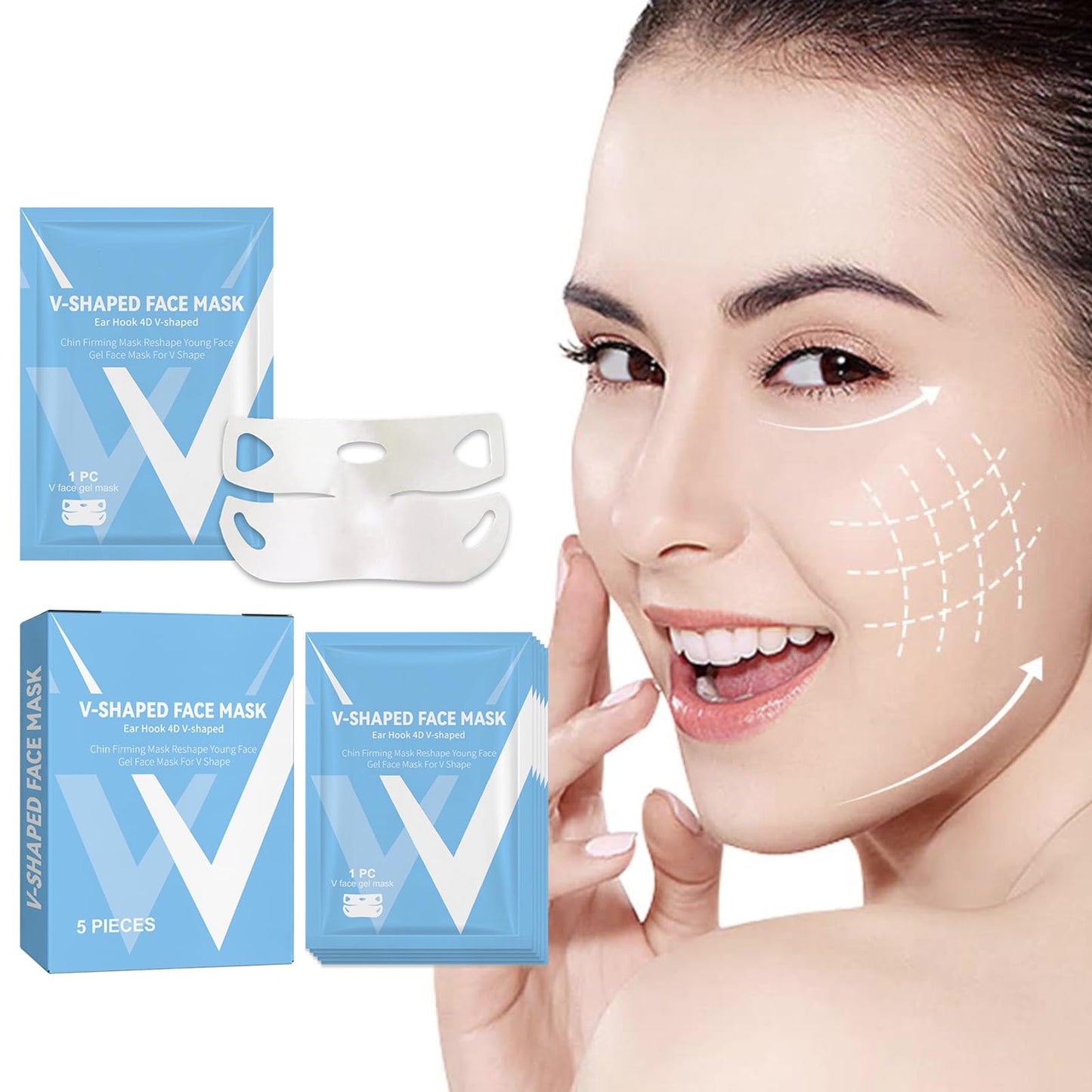 Felico V Line Lifting Mask, 5 Pcs V-Shaped Face Mask, Hydrogel Collagen Mask with Aloe Vera, Neck Tightening Tape Patch Jawline Contour Firming Band, Creating V-shaped Face Full of Vitality