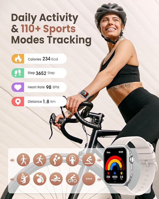 1.83" HD Smart Watch, 30 Days Battery Life, Sleep/Heart Rate/SpO2/Blood Pressure Monitor, Calls/Messages/Notifications, 5ATM 110+ Sports Modes Fitness Tracker Watch, for Women & Men/ Android & iPhone