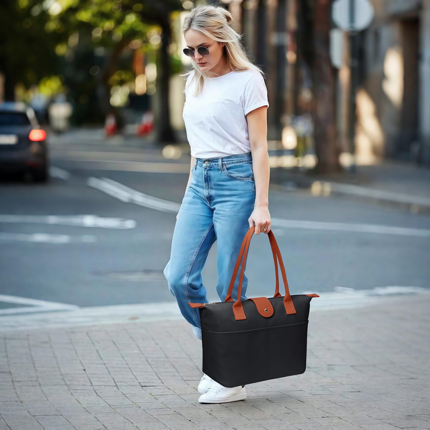 DIXEIGHT Nylon Tote Bag Women Zipper Shoulder Purse Large Hobo Top Handle Foldable Handbags for Work Travel Shopping, Black