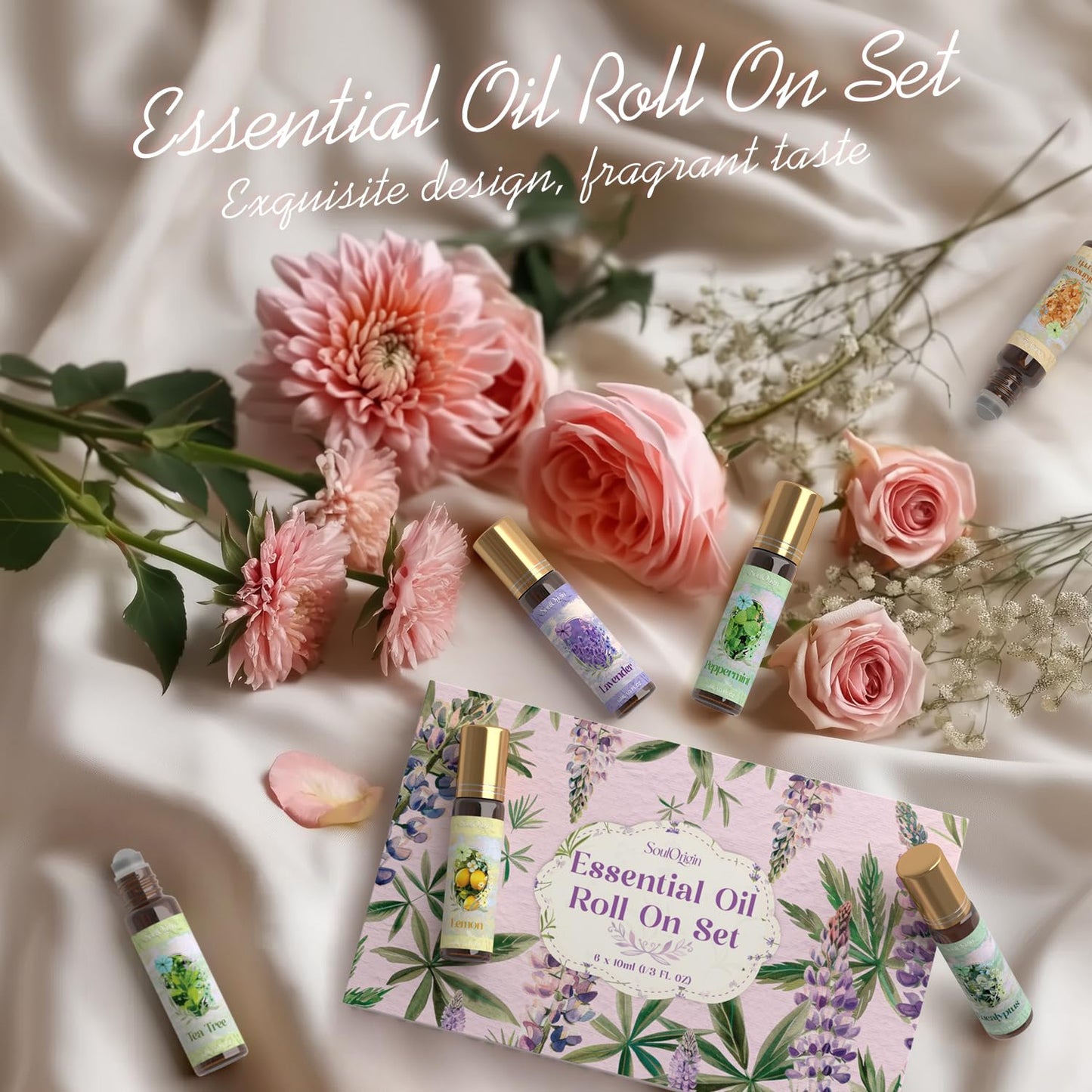 SoulOrigin Essential Oil Roll On Set, Natural Aromatherapy Oils with Portable Roller Ball for Skin Care- Tea Tree, Frankincense & Myrrh, Lavender, Peppermint, Eucalyptus, Lemon - Gifts for Women & Men