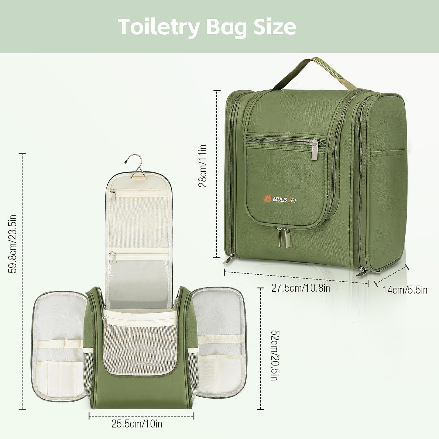 MULISOFT Travel Toiletry Bag for Women & Man, Extra Large Toiletry Bag, Portable Hanging Toiletries Bag, Water Resistant Dopp Kit for Toiletries, Cosmetics, Big Comparment Travel Makeup Bag, Green