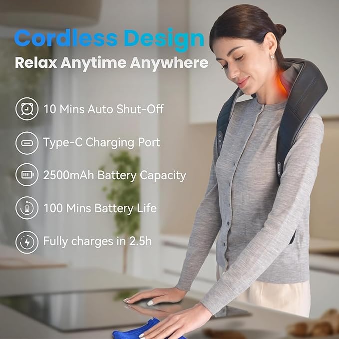 COMFIER Cordless Neck Massager with Heat, 4D Kneading Neck and Shoulder Massager Deep Tissue, Shiatsu Neck Back Massager Pillow, 2 Heating Levels,Gifts for Mom Dad