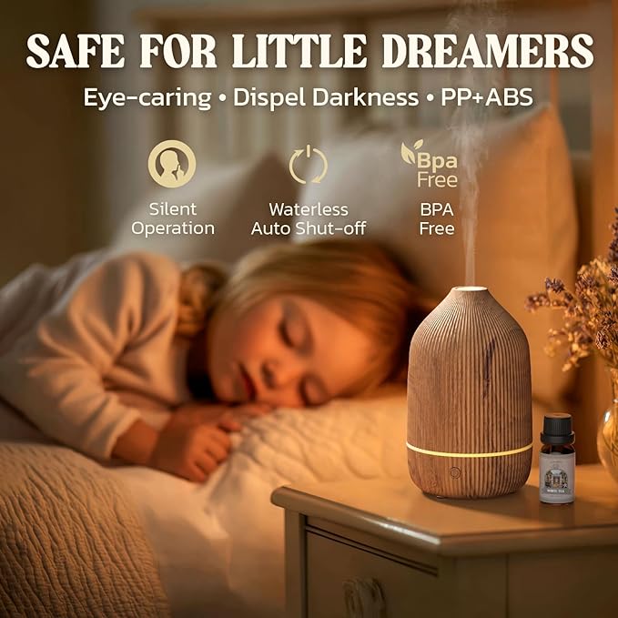 Essential Oil Diffuser, 100ml Aromatherapy Diffuser, Mini Ultrasonic Diffuser for Essential Oil, Home, Office, Cool Mist Humidifier with 7 Led Light, Auto Shut-Off, Wood Grain