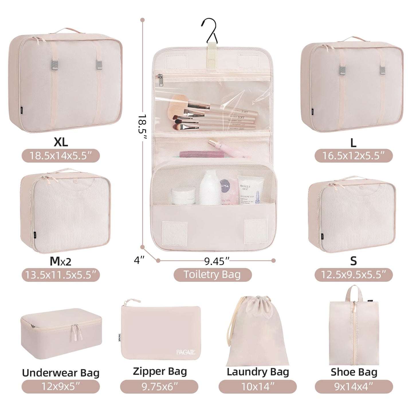 BAGAIL 10 Set Packing Cubes Various Sizes Packing Organizer for Travel Accessories Luggage Carry On Suitcase-Cream