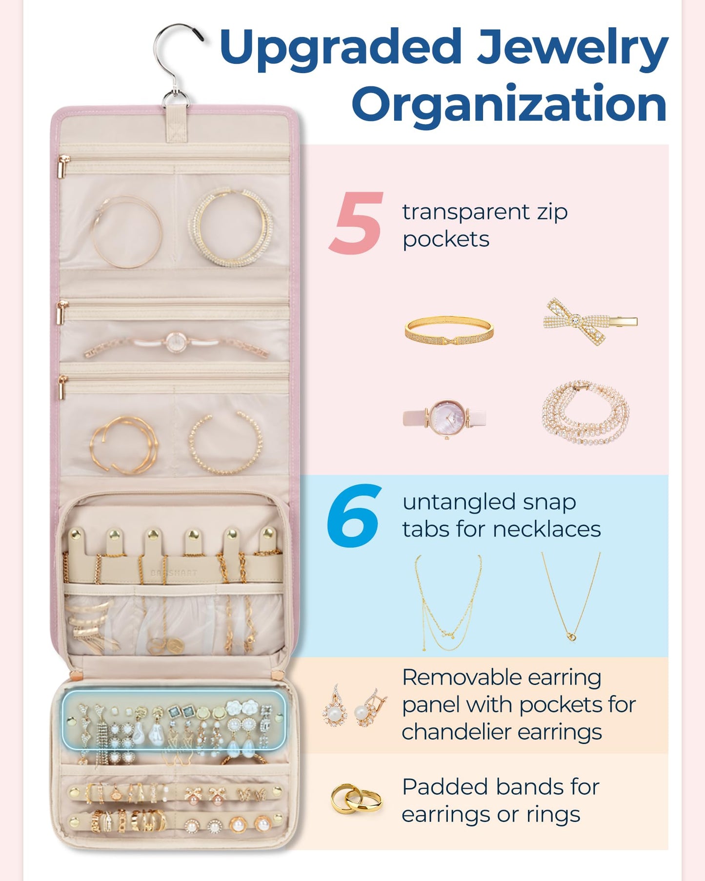 BAGSMART Travel Jewelry Case Organizer, Large Capacity Foldable Jewelry Roll for Journey - Rings, Necklaces, Earrings, Bracelets, Fashion Black