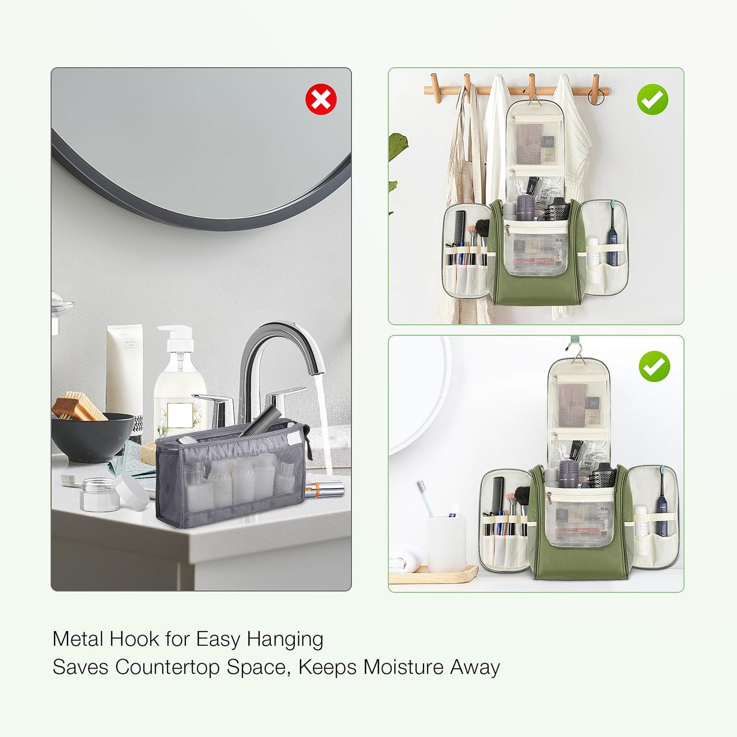 MULISOFT Travel Toiletry Bag for Women & Man, Extra Large Toiletry Bag, Portable Hanging Toiletries Bag, Water Resistant Dopp Kit for Toiletries, Cosmetics, Big Comparment Travel Makeup Bag, Green