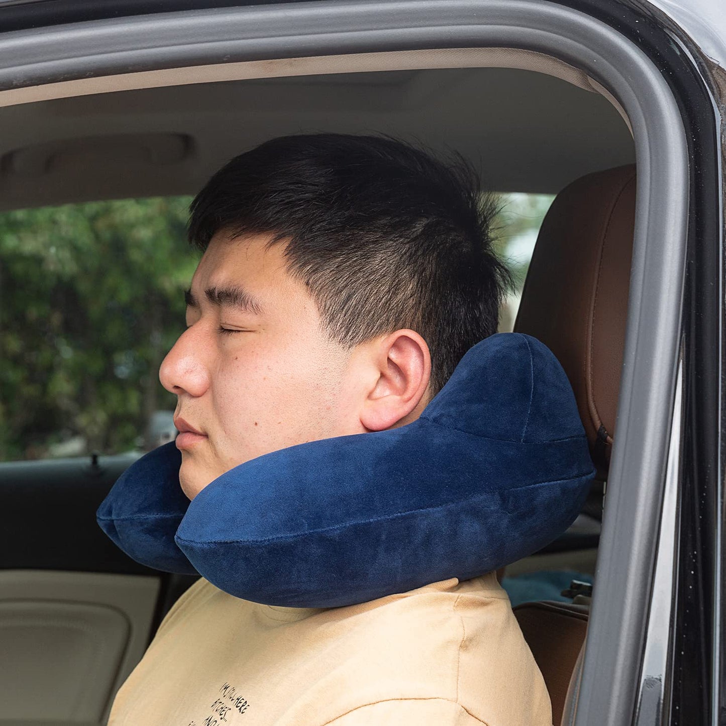 Makimoo Inflatable Travel Pillow, Neck Pillow Support for Traveling, Airplanes, Cars, and Offices with Compact Carrying Bag, Soft Velvet Washable Cover, Ideal for Adult Sleepers (Blue)