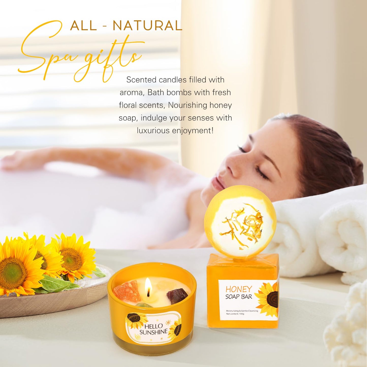 Sunflower Gifts for Women - 15 pcs Unique Birthday and Basket, Get Well Soon Care Package, Inspirational Box for Her, Mom, Sister, Best Friends (Yellow)