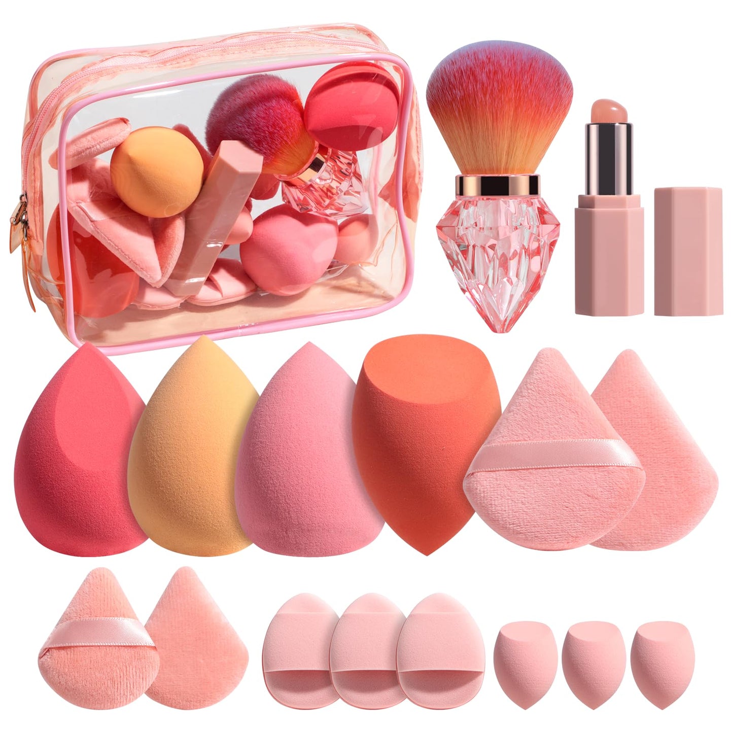 BS-MALL Makeup Sponge Set With Diamond-shaped Kabuki Powder Brush - 14 Pcs Portable Blender Sponge, Triangle Puff And Multi-functional Sponges For Liquid, Cream,With Travel Case (Orange Pink)