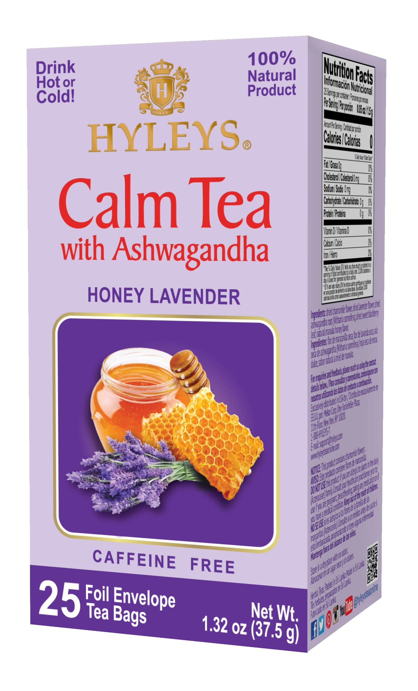 Hyleys Calm Tea with Ashwagandha - Lavender & Honey Flavor - Caffeine-Free, Herbal Tea - 25 Tea Bags - Sleepy Chamomile Bedtime Blend: Natural Herbal Tea for Deep Relaxation & Restful Sleep