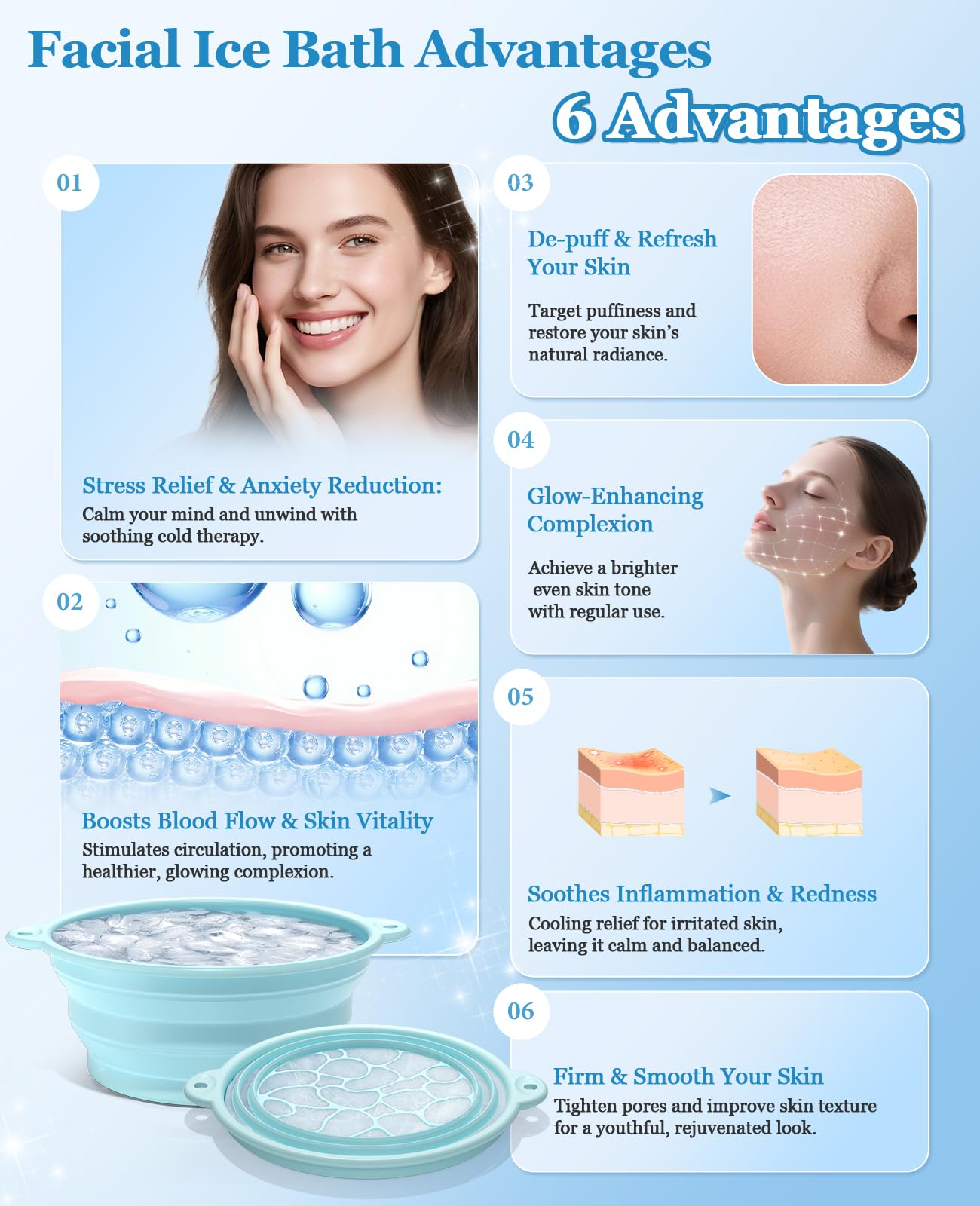 Foldable Silicone Face Ice Bath Bowl with Built-In Ice Tray, Cold Plunge Therapy for Skin Tightening, Puffiness Reduction & Acne Relief, Portable Spa Tool for Home & Travel (Blue)