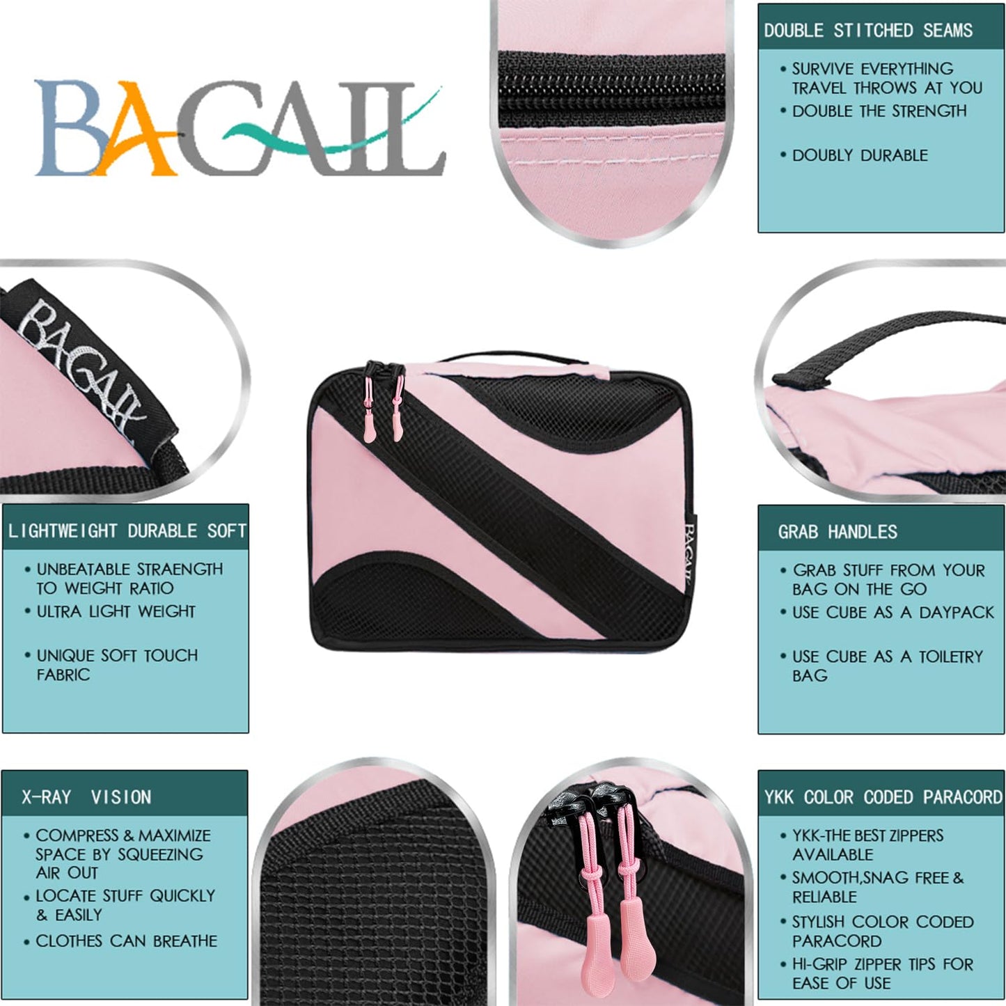 BAGAIL 6 Set Packing Cubes,Travel Luggage Packing Organizers(6Set Pink)