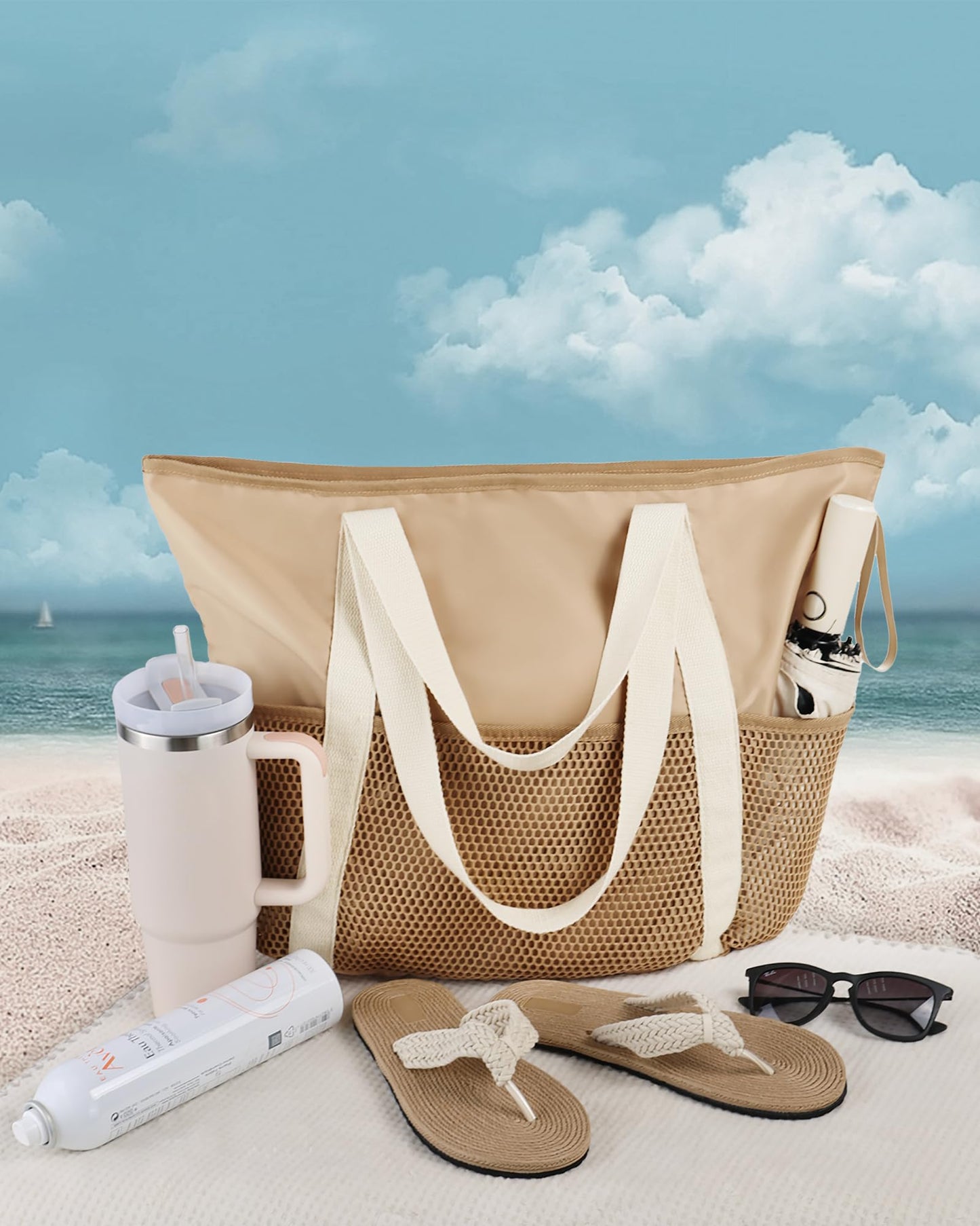 HOMESPON Beach Bag Large Waterproof Sandproof Foldable Tote Bag for Women with Zipper Mesh Pockets for Pool Cruise Travel Everyday (Khaki)