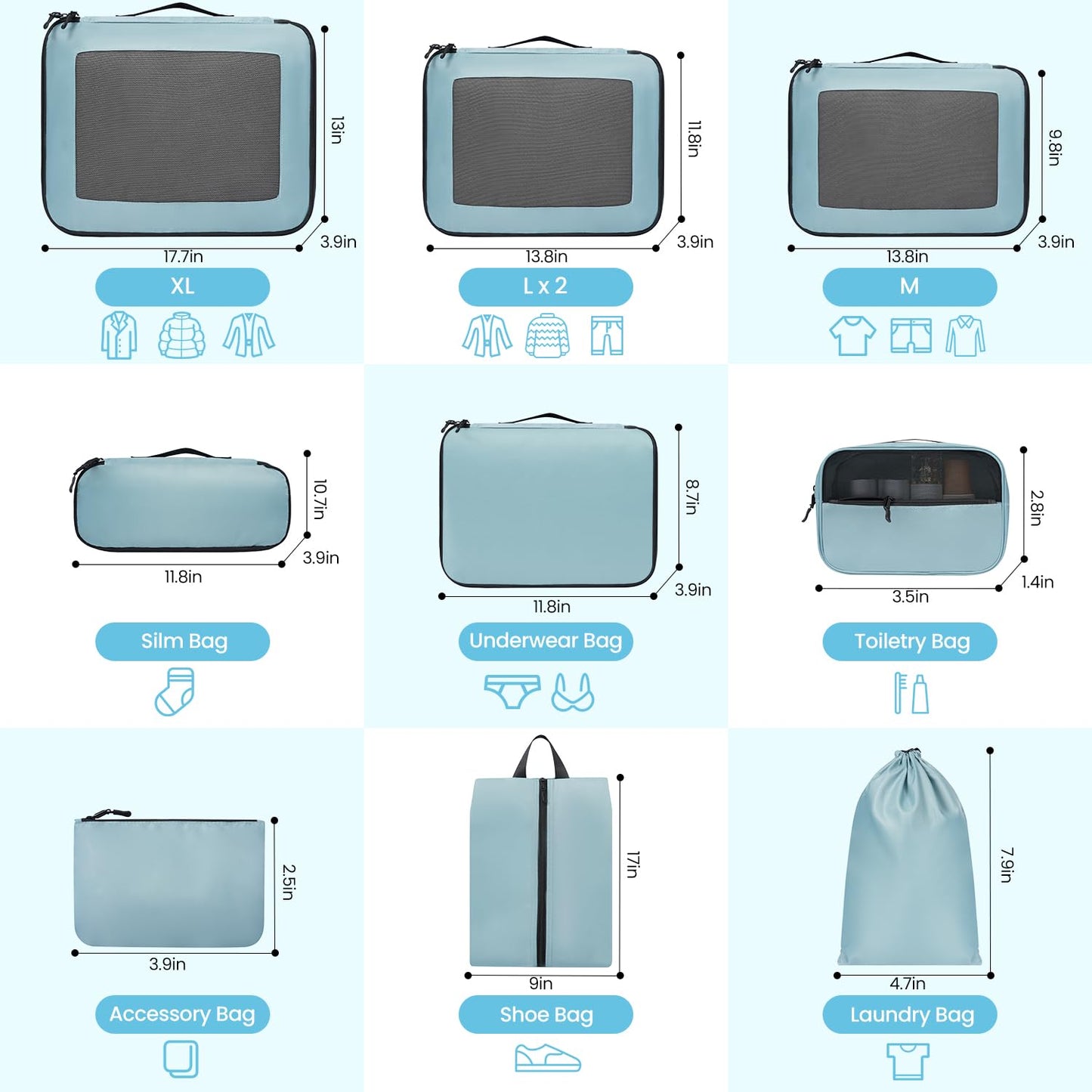 Packing Cubes for Travel | 10 Set Teal |Durable Luggage Organizer 4 Size(Extra Large, Large, Medium, Small),Comprehensive Cubes for Toiletry,Underwear, Shoe,Travel Essentials,Efficient Women Gifts