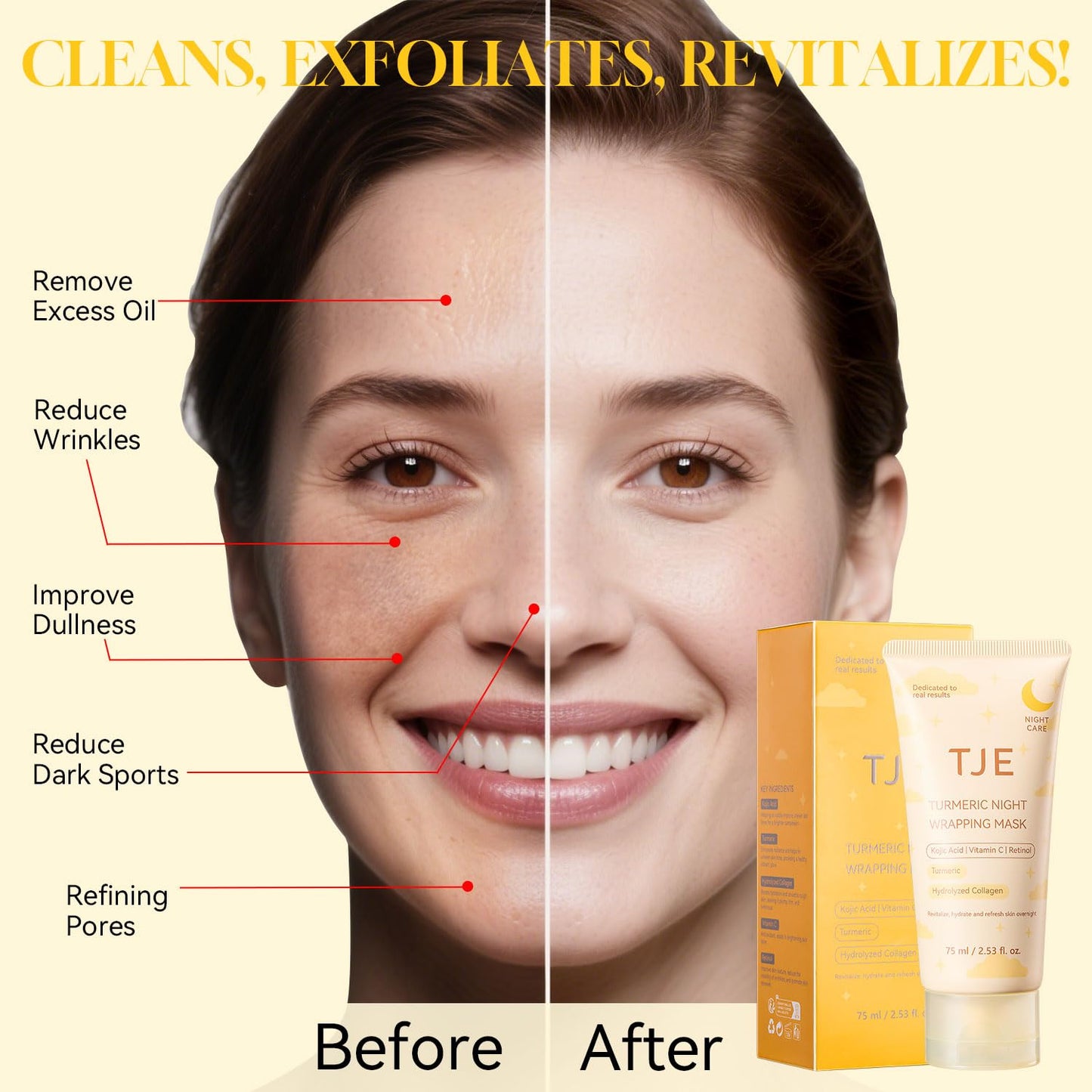 TJE Turmeric Collagen Night Wrapping Mask with Kojic Acid, Vitamin C, Turmeric Overnight Peel Off Face Mask for Clear Skin - Facial Mask Elasticity & Hydration Care - 2.53 fl.oz / 75ml (1 Pcs)