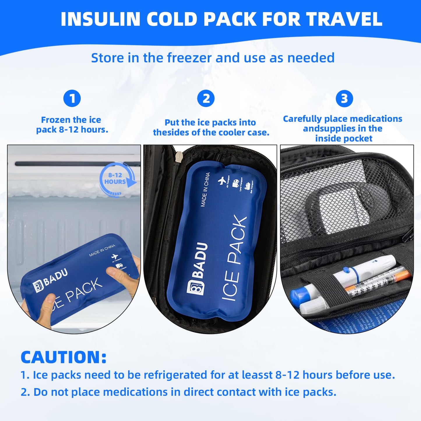 2 PCS Ice Packs for Insulin Cooler Travel Case, Reusable TSA Approved Ice Packs, Travel Ice Packs for Medications, Keep Medication Cool 8-10h in Diabetic Travel Case(Ice Pack Only, No Ice Case)