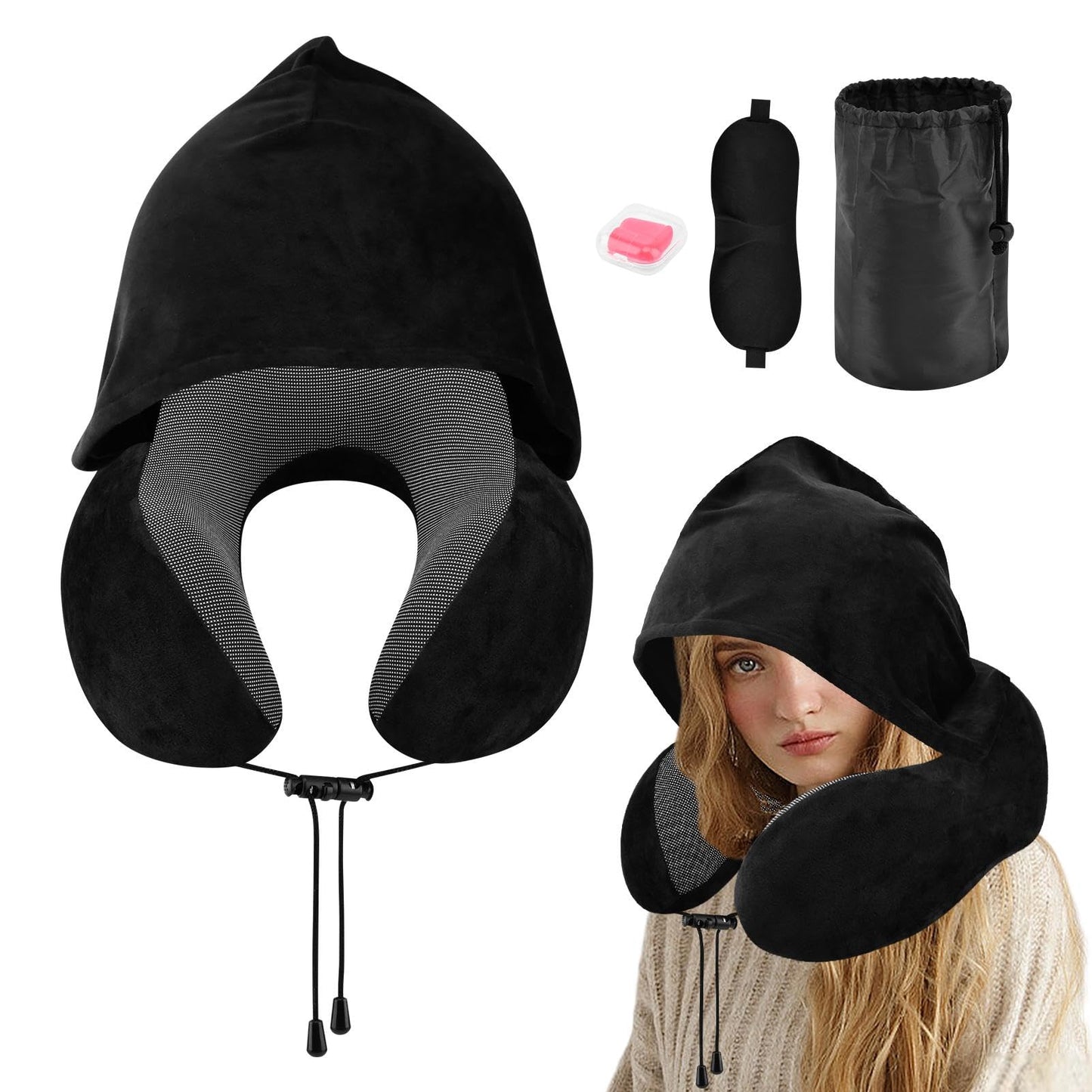 Hooded Travel Neck Pillow, Soft Travel Pillow with Earplugs & Eye Mask U Shaped Memory Foam Neck Pillow with Hood for Airplane, Office, Cars Sleeping Rest(Black)