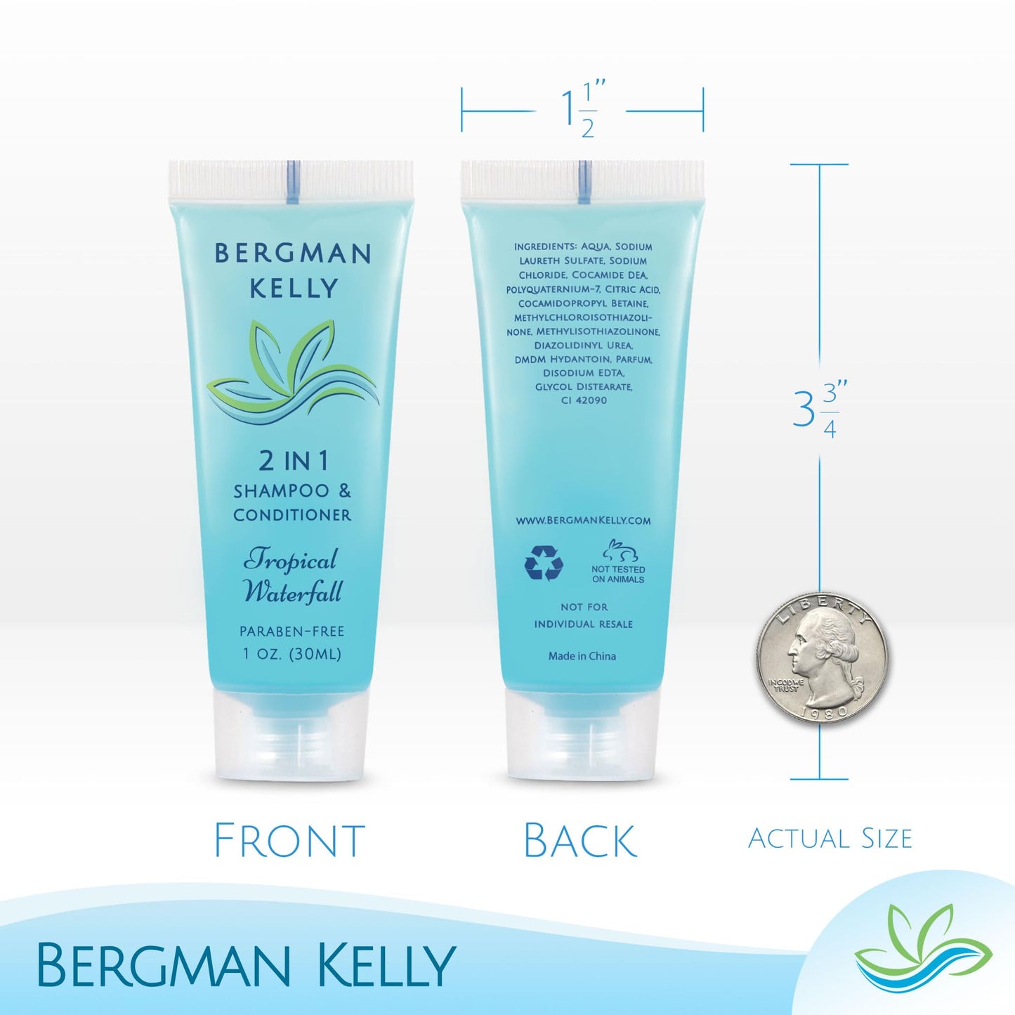 Bergman Kelly - Travel Size 2 in 1 Shampoo & Conditioner - 1 fl oz, 100 PK, Tropical Waterfall - Delight Your Guests w/Invigorating & Refreshing Shampoo Amenities - Small Hotel Toiletries in Bulk