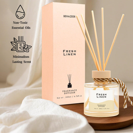BEHAZEER Linen Reed Diffuser, 6.77OZ/200ML Large Capacity Natural Non-Toxic Oil, Long-Lasting Fragrance Reed Diffusers Set for Home and Bathroom, Aroma with 5 Reed Diffuser Sticks Gifts