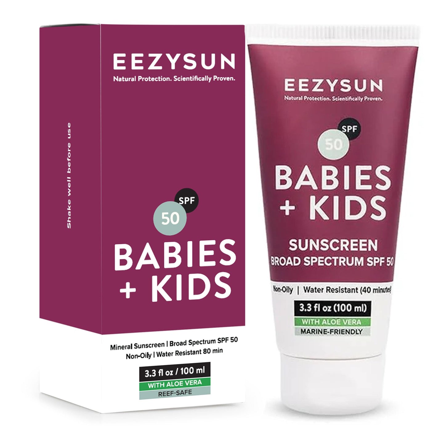 EEZYSUN Babies & Kids SPF 50 Mineral Sunscreen | Dermatologically Tested for Sensitive Skin | Contains Aloe Vera | Sweat/Water Resistant | Cruelty-Free | Reef-Safe | Travel Size - 3.3 FL OZ