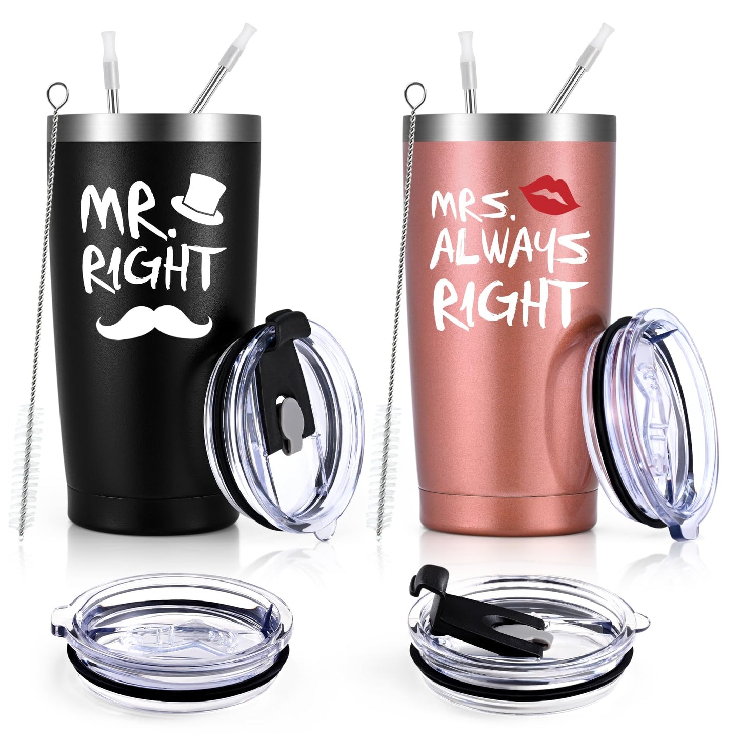 Qtencas Mr. Right Mrs. Always Right Travel Tumbler Set, Wedding Engagement Gifts for Husband Wife Newlywed Couples Bride Groom Anniversary, 20oz Stainless Steel Tumbler, Black and Rose Gold