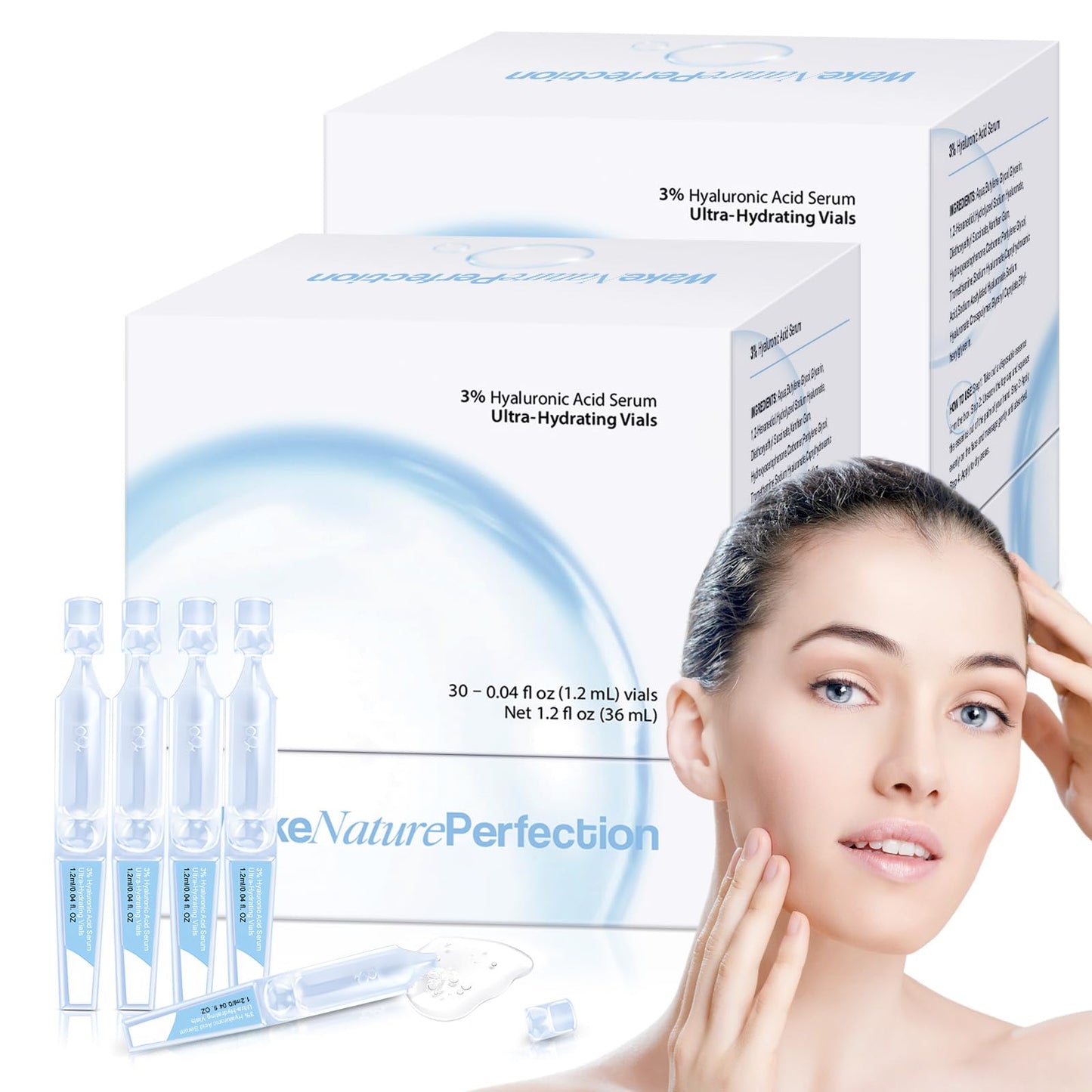 3% Hyaluronic Acid Serum Ultra-Hydrating Vials, 60pcs Hyaluronic Acid Tubes, Wake Nature Perfection, Hyaluronic Serum for Face, Ultra Hydrating Essence with Collagen & Hyaluronic