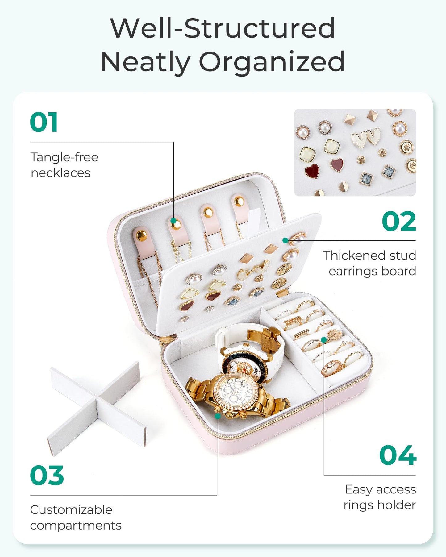 BAGSMART Travel Jewelry Box, Small PU Leather Jewelry Organizer, Portable Double Layer Case for Necklaces, Rings, Earrings, Bracelets, Pink