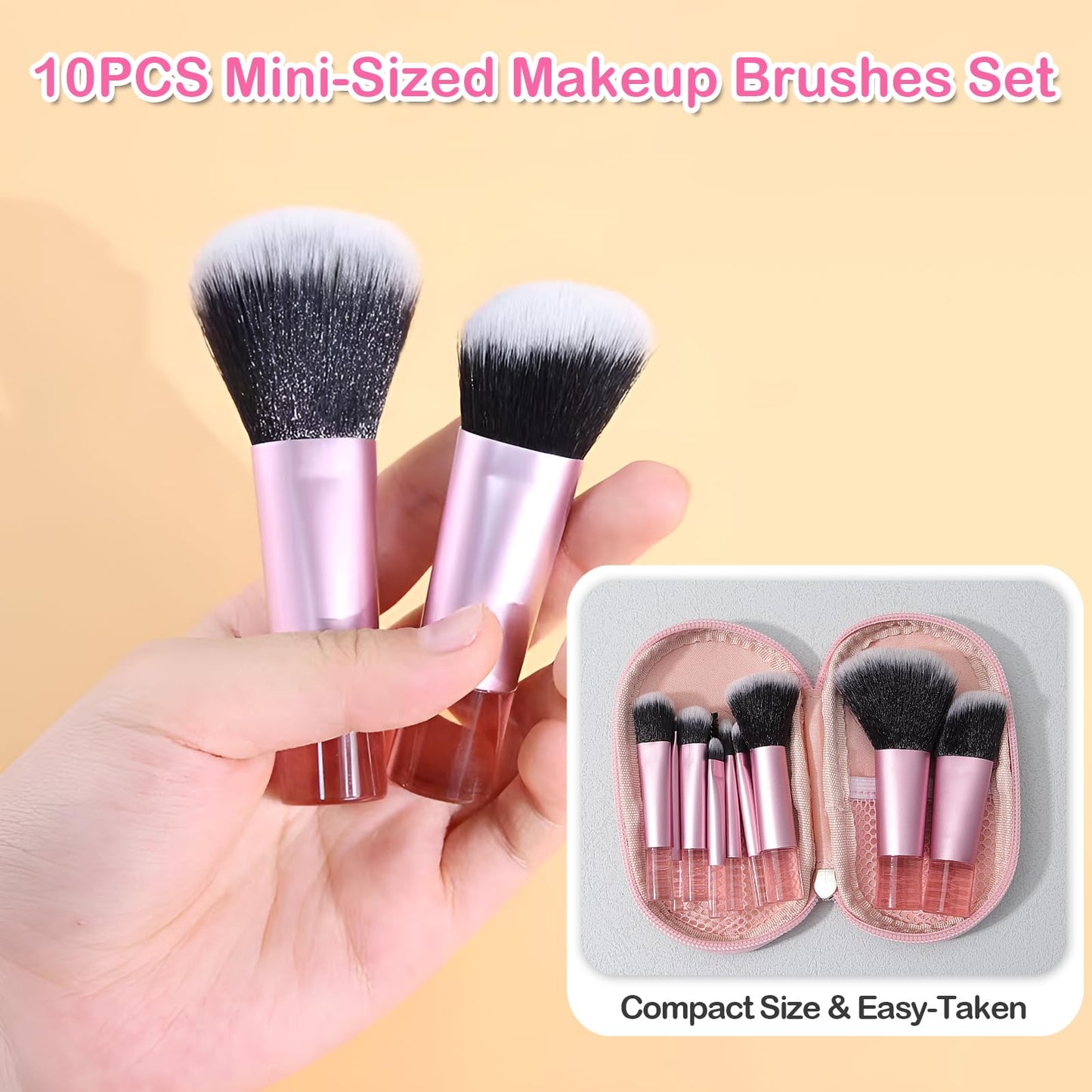 Kingtree 10PCS Mini Makeup Brushes with Pouch, Portable Makeup Brush Travel Set, Easy-taken ON THE GO Makeup Brush Full Complete Function Cosmetic Brushes for Girls