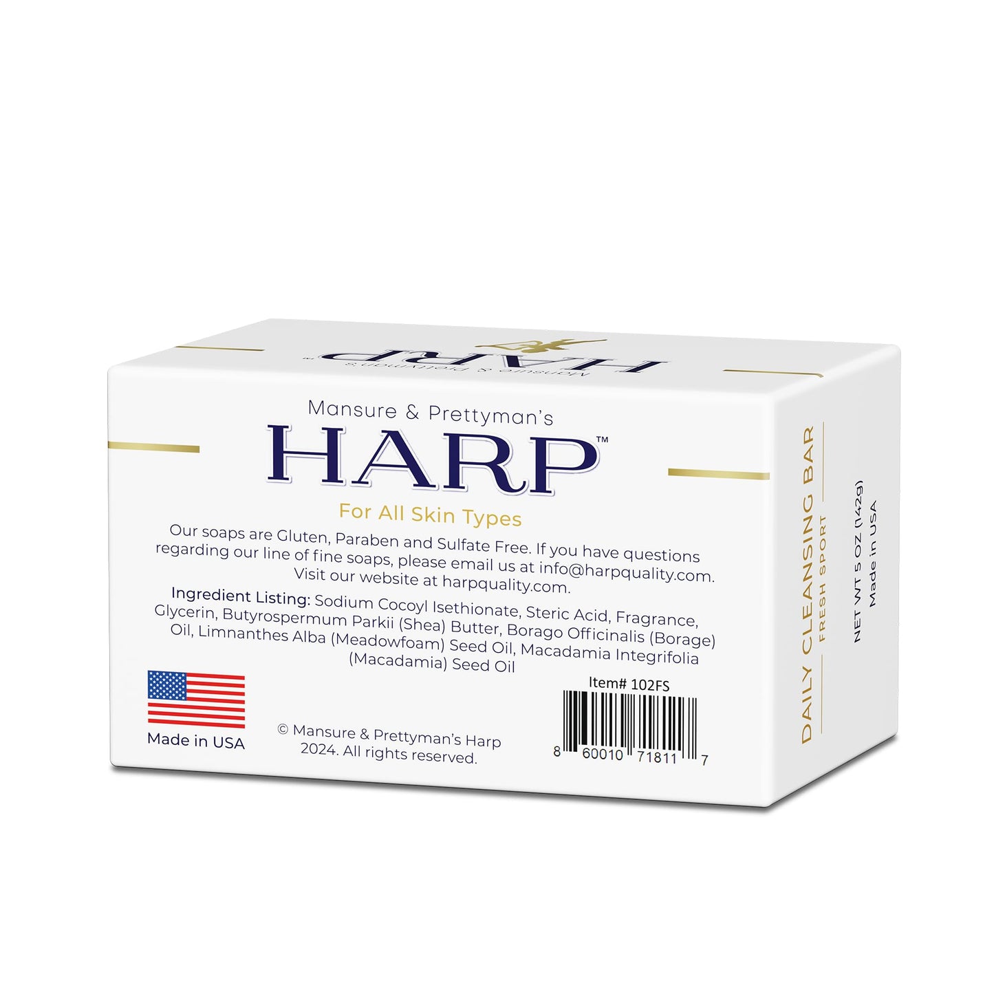 HARP pH-Balanced (5.0-6.0) Body Wash Bar. ZERO saponified oils. Protects Moisture Barrier. Gentle for Sensitive/Dry skin. + Shea Butter/Borage Oil. Non-Comedogenic. FRESH SPORT Fragrance. 5oz