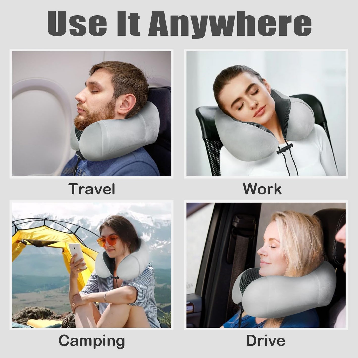 Travel Pillow, Memory Foam Neck Pillow for Traveling, U Shape Neck Pillow Airplane Portable Flight Pillow Travel Kit with 3D Contoured Eye Masks and Earplug for Plane Train Car Home Office - Grey