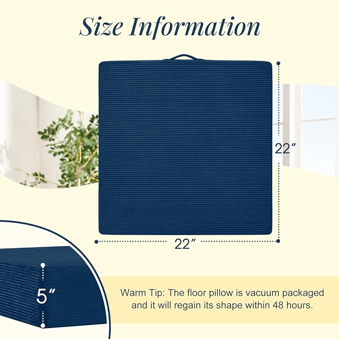 Wellsin Solid Square Floor Pillows for Adults Kids - Large Meditation Floor Pillow Seating Cushion with Thick Foam & Washable Velvet Cover, 1 Pack, 22x22x5 Inch, Dark Blue