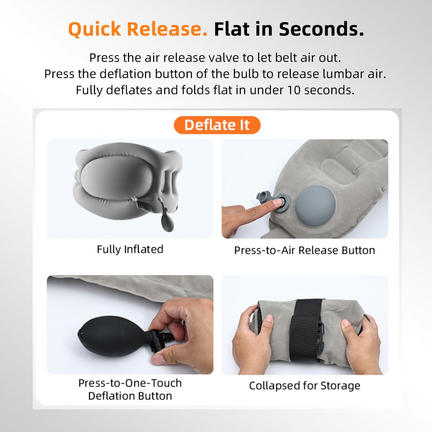 Nufuriri Inflatable Back Support Pillow for Travel – Foldable Travel Back Pillow for Airplane, Office, Car, Home – Adjustable Belt & Hand-Press Inflation, Compact & Lightweight