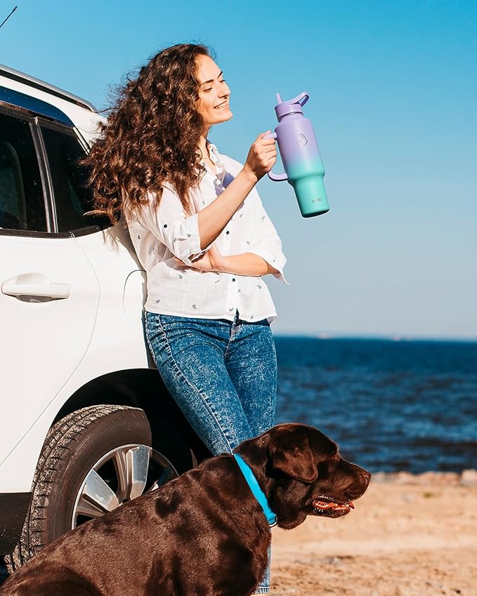 BUZIO Insulated Water Bottle Cup Holder Friendly, 40 oz Metal Travel Tumbler with Handle, Dishwasher Safe Thermo with Straw, Keep Cold for 48hrs, Dark Purple Green