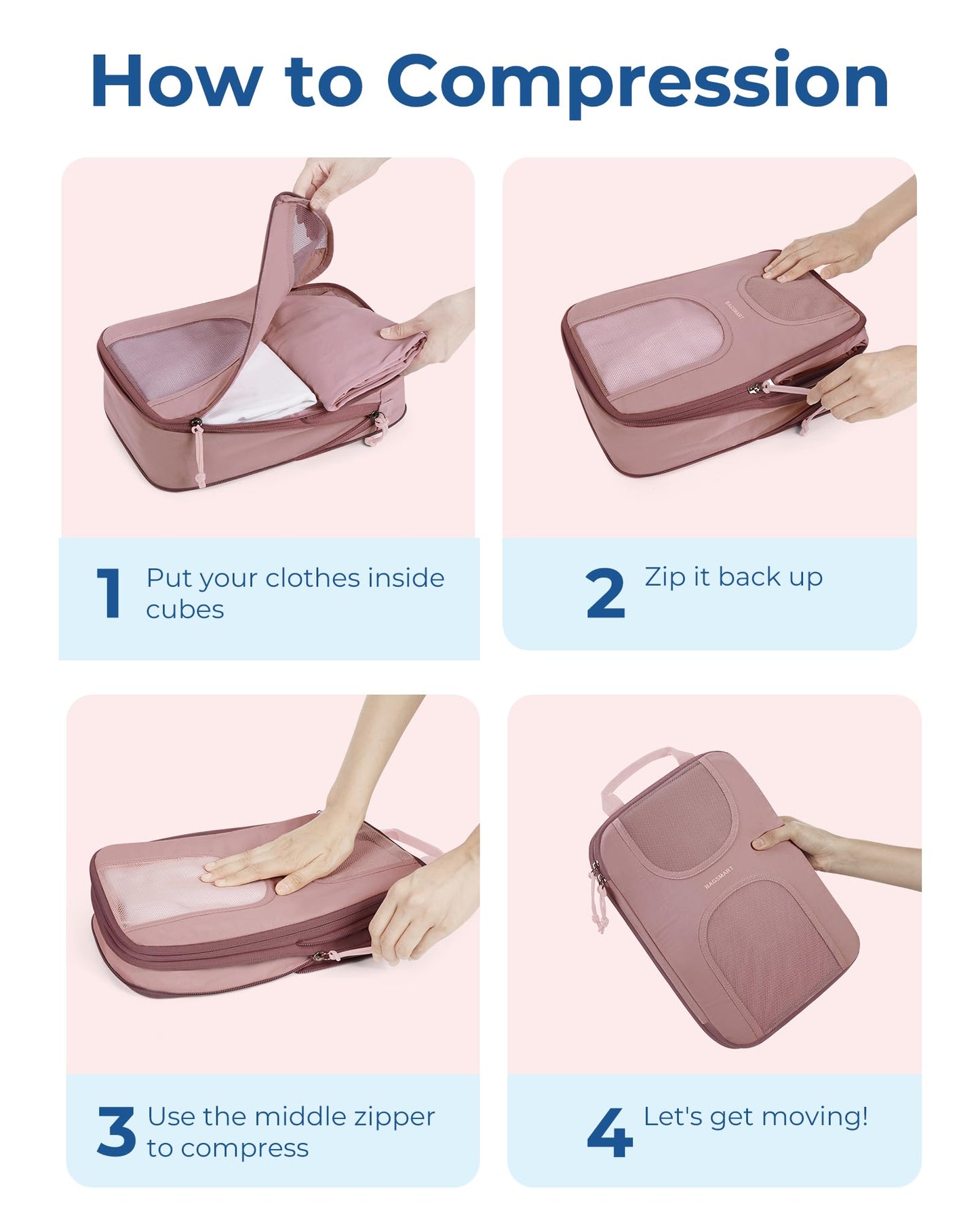 BAGSMART Compression Packing Cubes for Travel, 6 Set Packing Cubes for Suitcases, Lightweight Suitcases Organizers Bag Set & Compression Cubes, Travel Essentials Packing Organizers Dusty Pink
