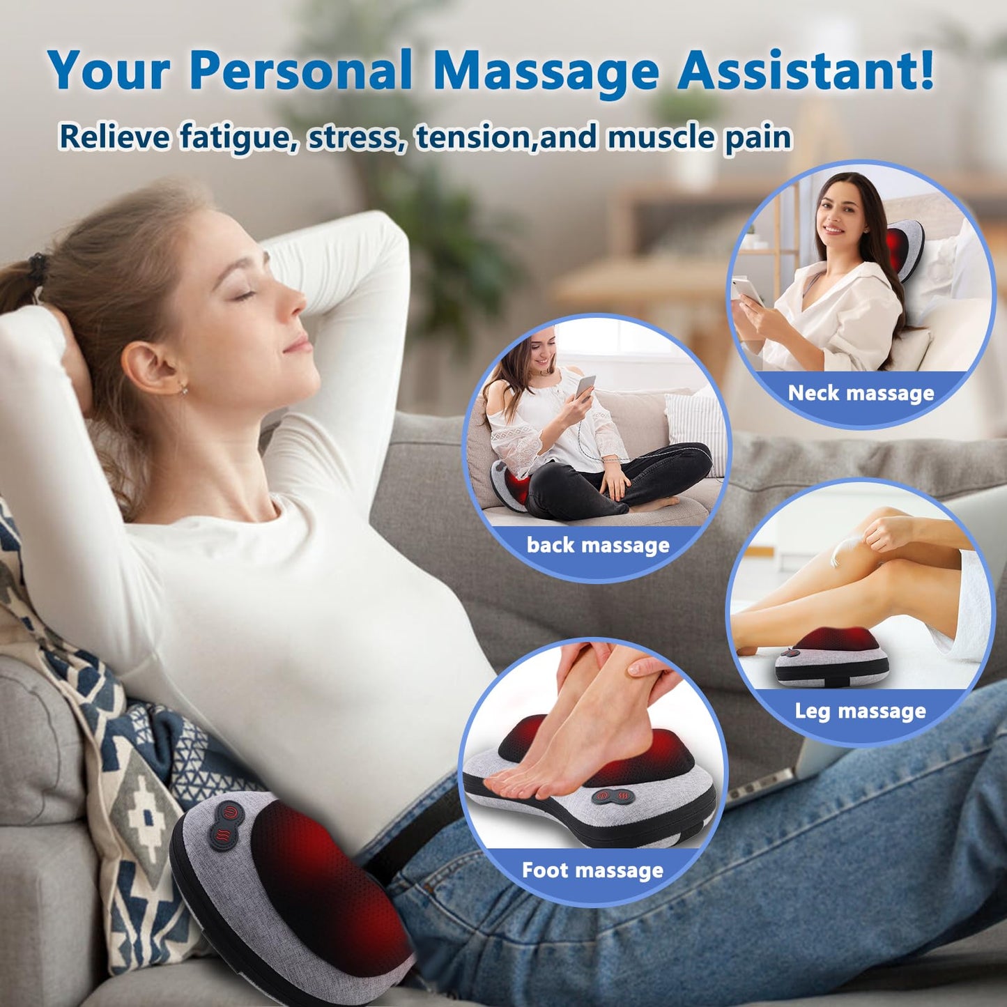 GAXEZO Massage Pillow, Neck and Back Massager with Heat, Shiatsu Massage Pillow for for Back, Shoulder, Leg, Foot, Gift for Men Women Mom Dad, Stress Relax at Home Office and Car