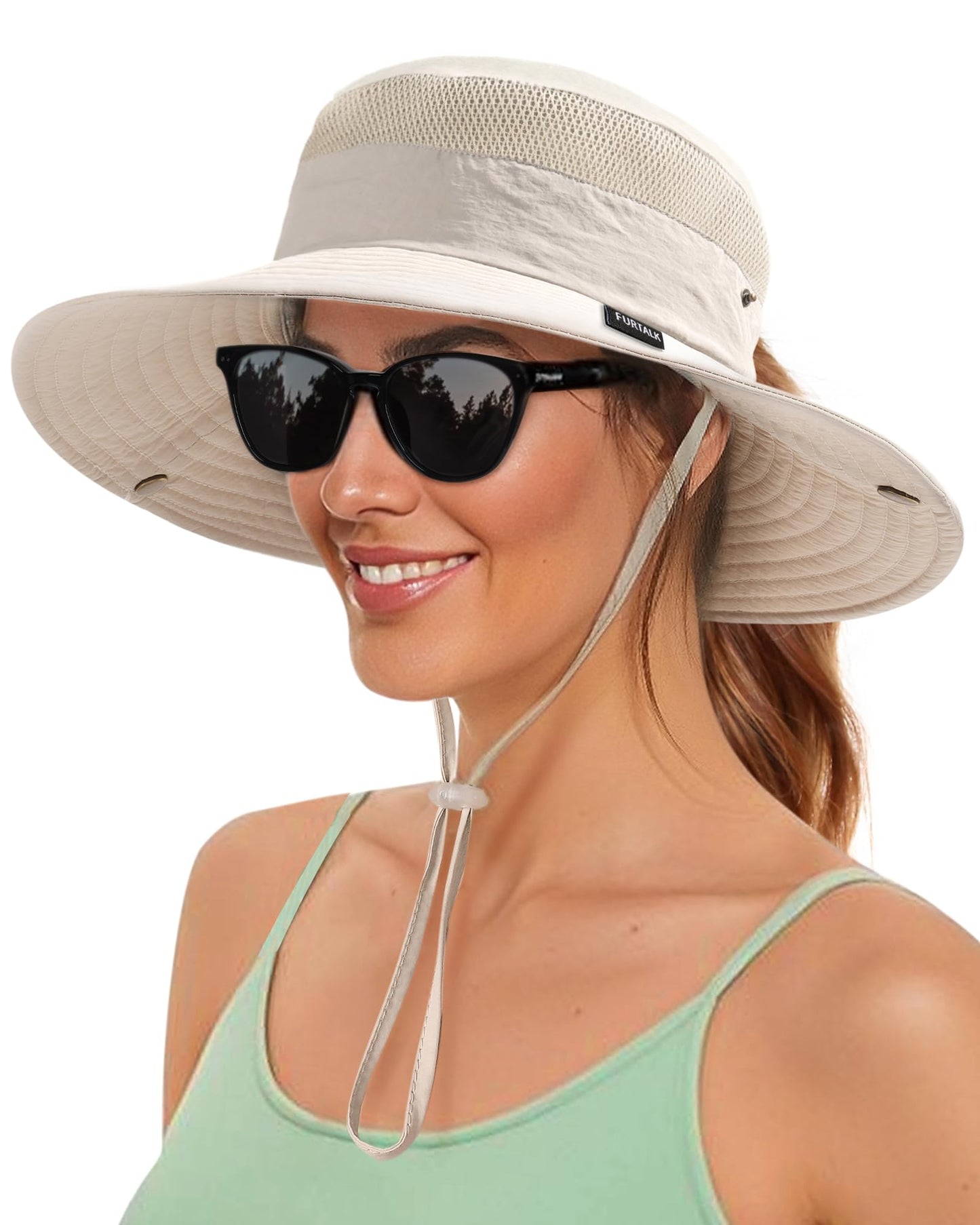 FURTALK Sun Hats for Women with Ponytail Hole Beach Hiking Summer Wide Brim Outdoor UV Protection Packable Bucket Safari Hat Beige